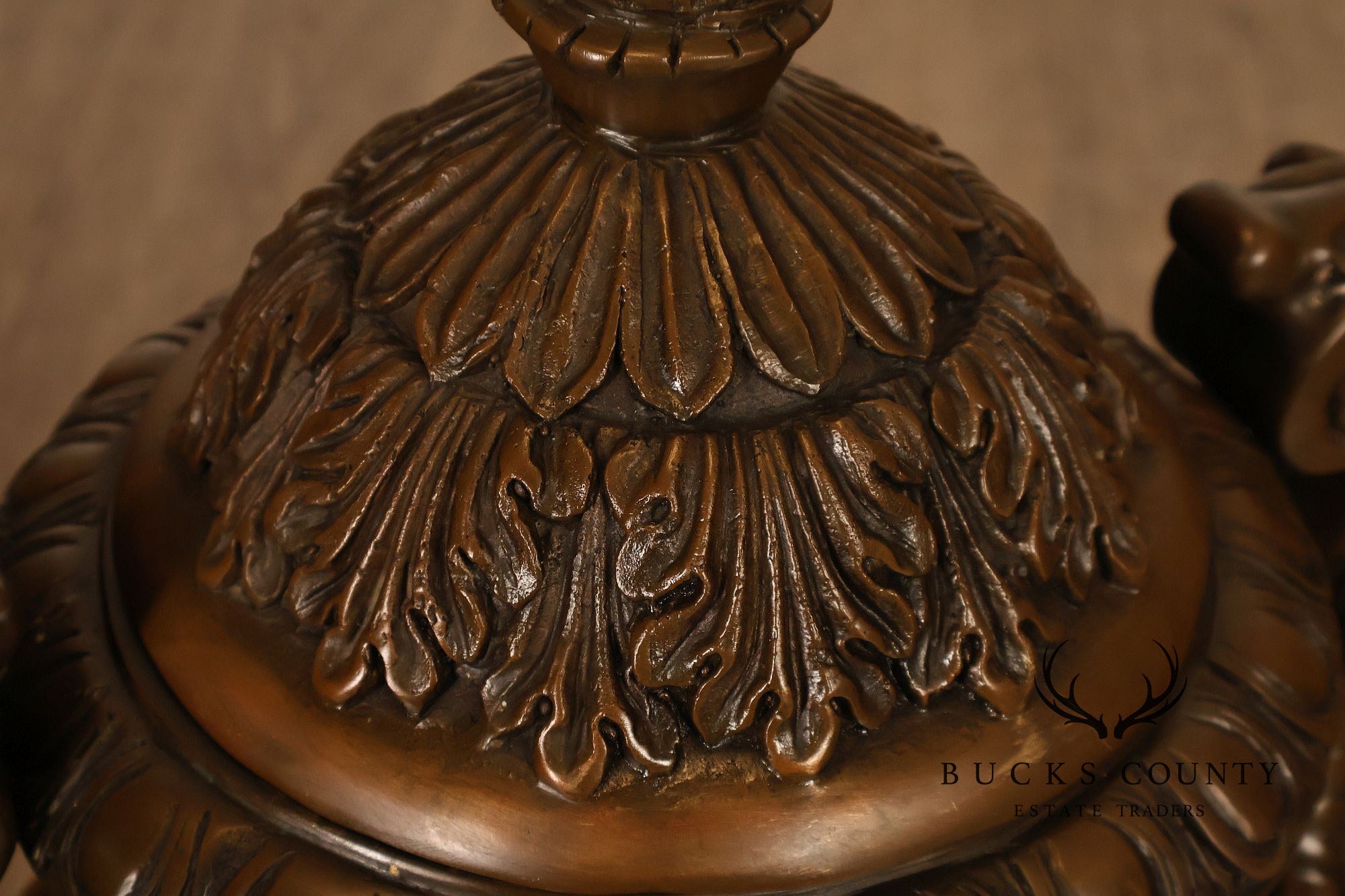 Neoclassical Style Large Pair Of Cast Bronze Covered Urns With Figural Relief
