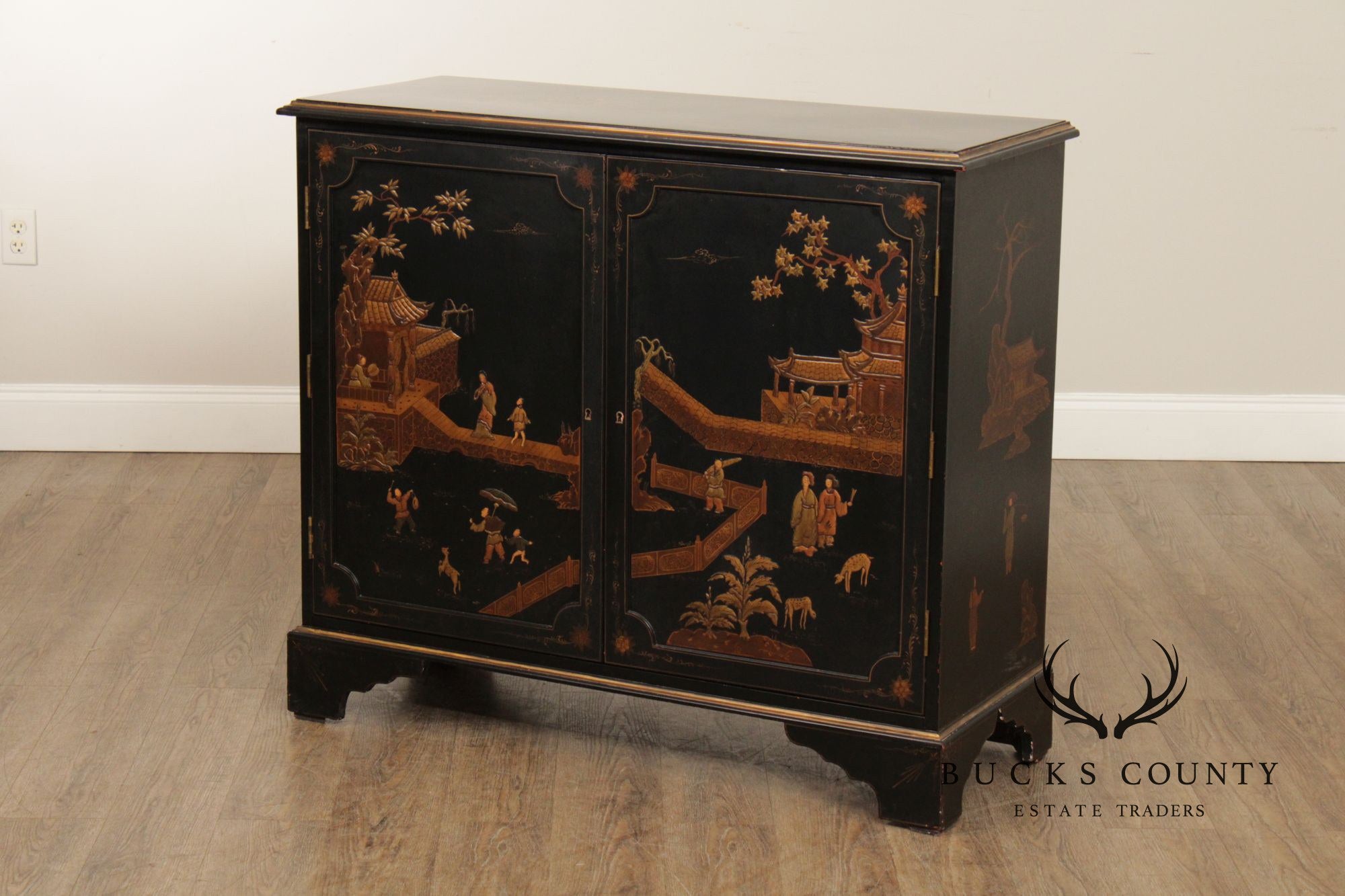 Georgian Furnishing Co. Pair Of Black Lacquer Chinoiserie Cabinets