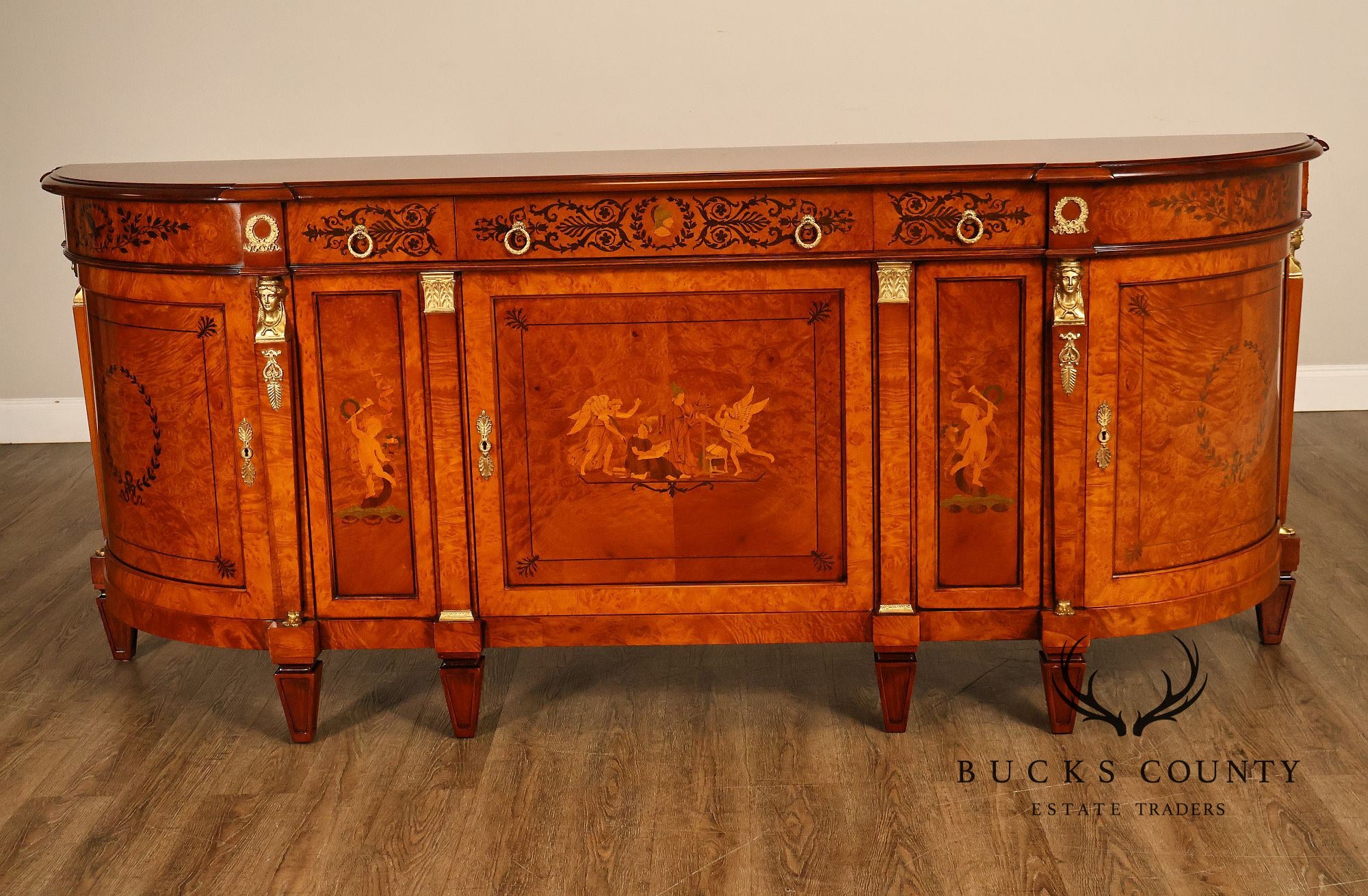 Rho Mobili D'Epoca Neoclassical Burl Wood Marquetry Inlaid Sideboard