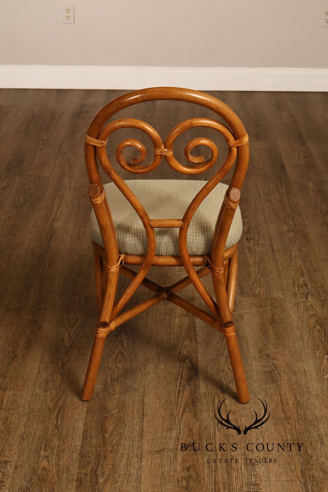 Coastal Style Pair Of Rattan Dining Chairs With Upholstered Seats