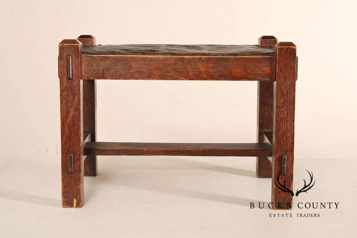 Arts And Crafts Oak Footstool With Leather Upholstered Seat