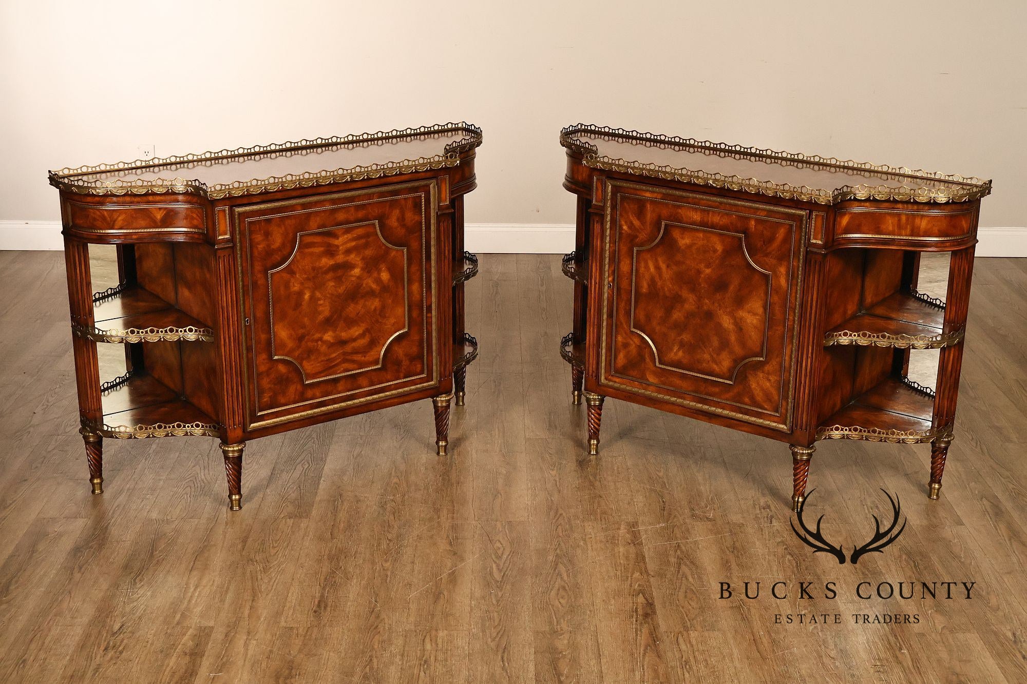 Theodore Alexander French Louis XVI Style Burl Wood Brass Mounted Gallery Top Pair Of Side Cabinets