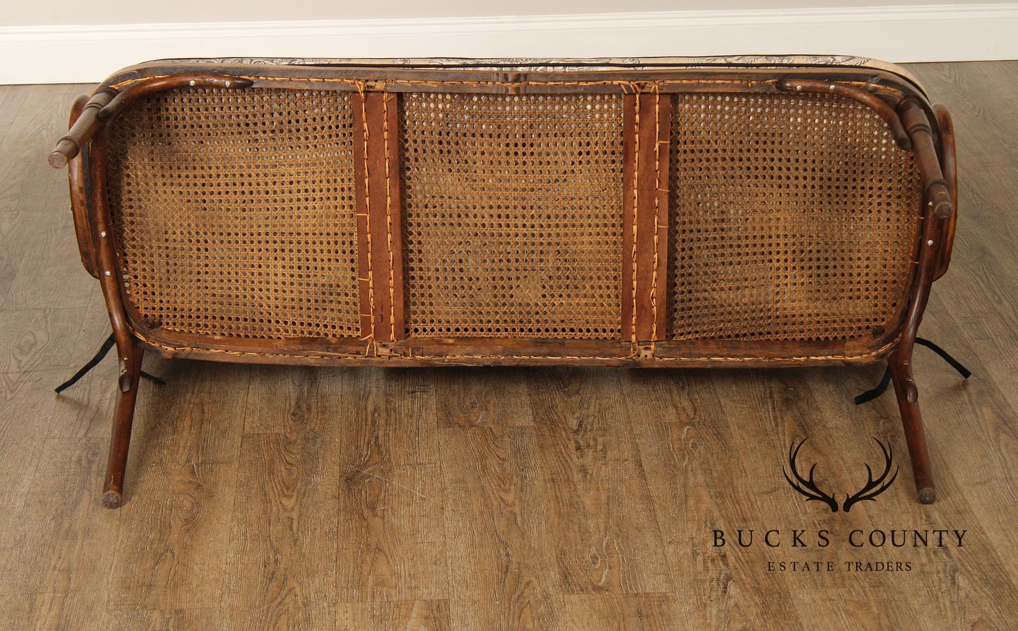 Vintage Thonet Style Bentwood And Caned Settee With Upholstered Cushion