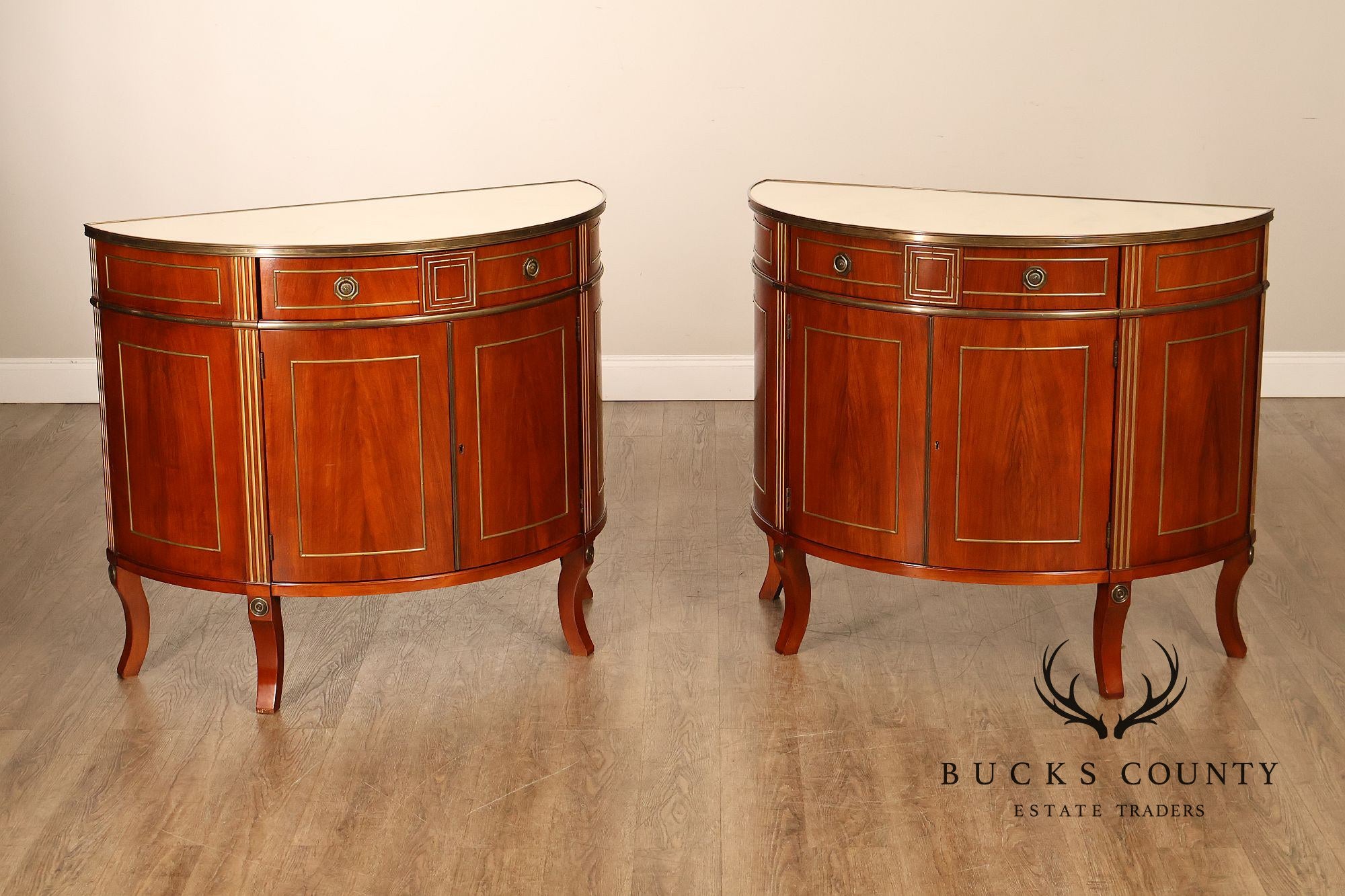 John Widdicomb Pair Of Neoclassical Style Demilune Commodes With Bronze Mounts
