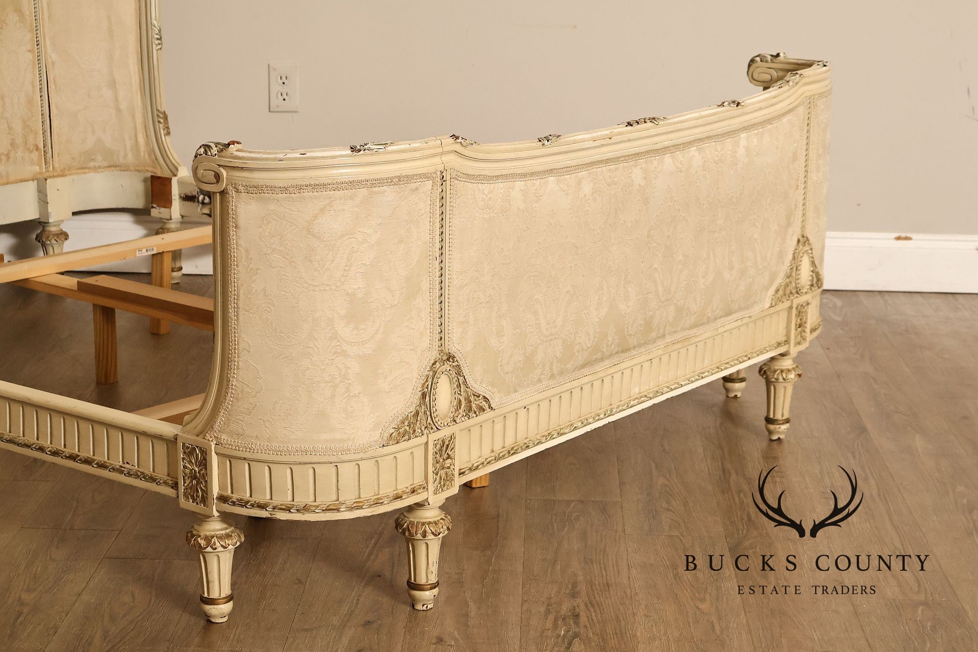 Antique French Louis XVI Style Painted & Upholstered Full Size Bed Frame