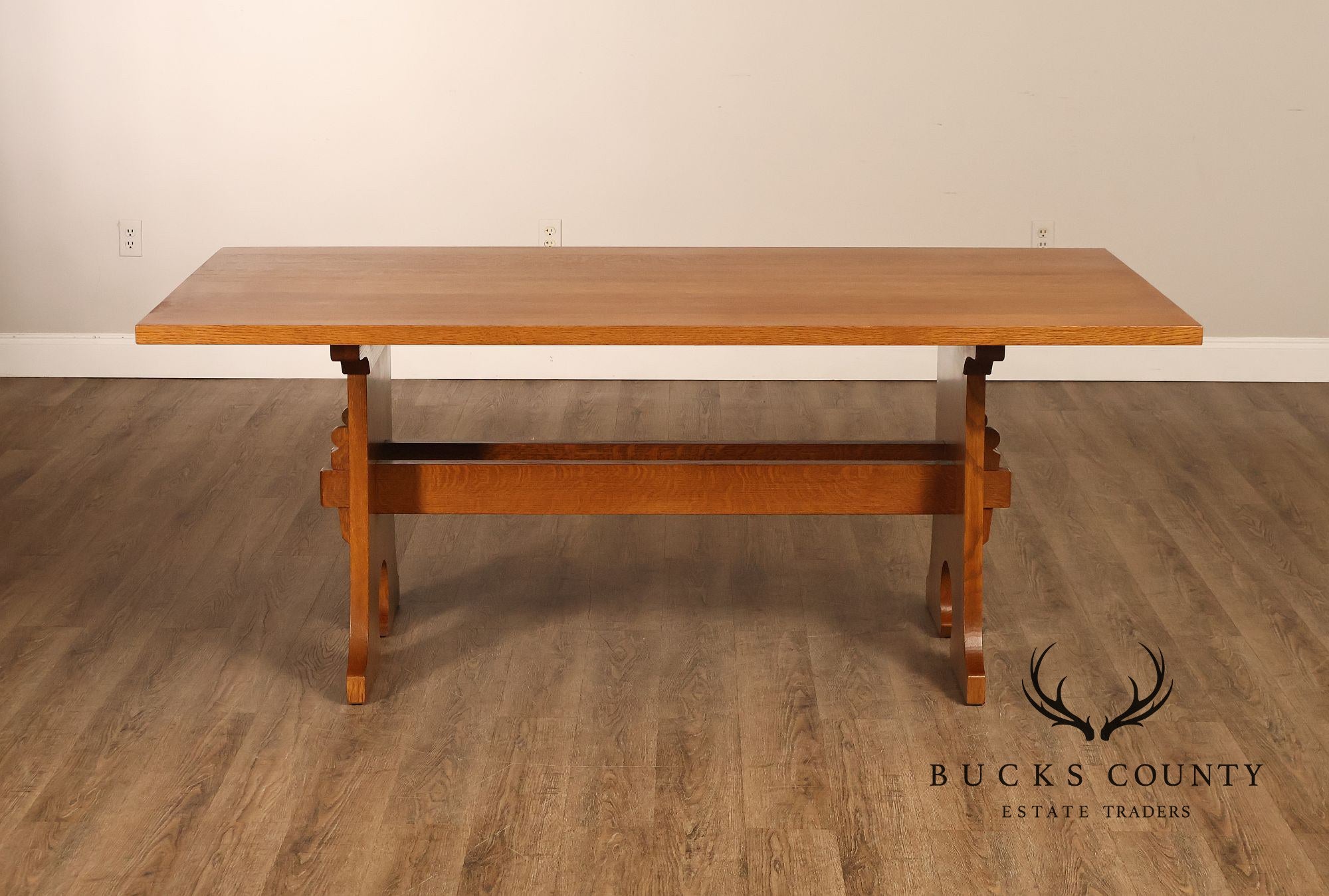 Stickley Mission Collection Oak Trestle Dining Table With Two Leaves