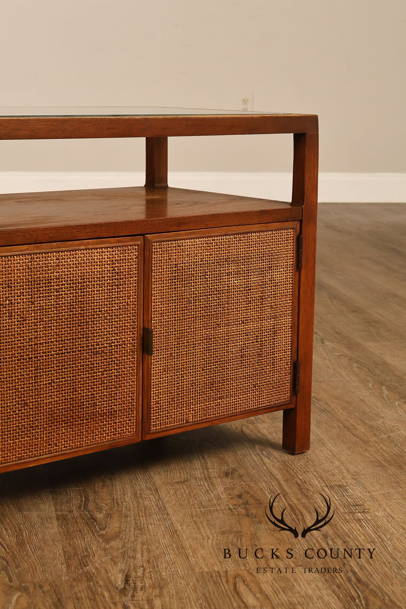 Mid-Century Modern Glass Top Walnut and Cane Side Cabinet