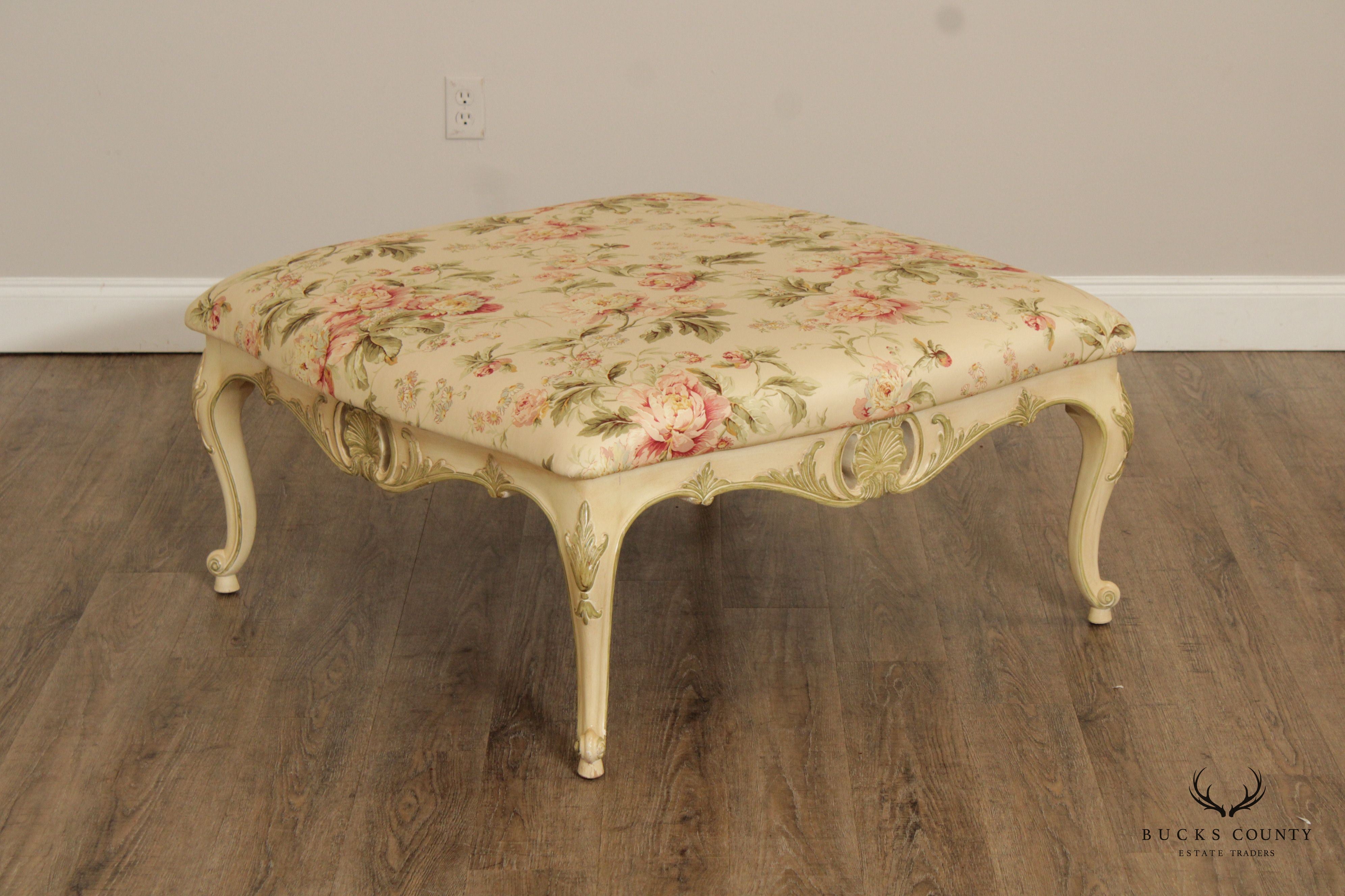 French Louis XV Style Large Painted Frame Upholstered Ottoman