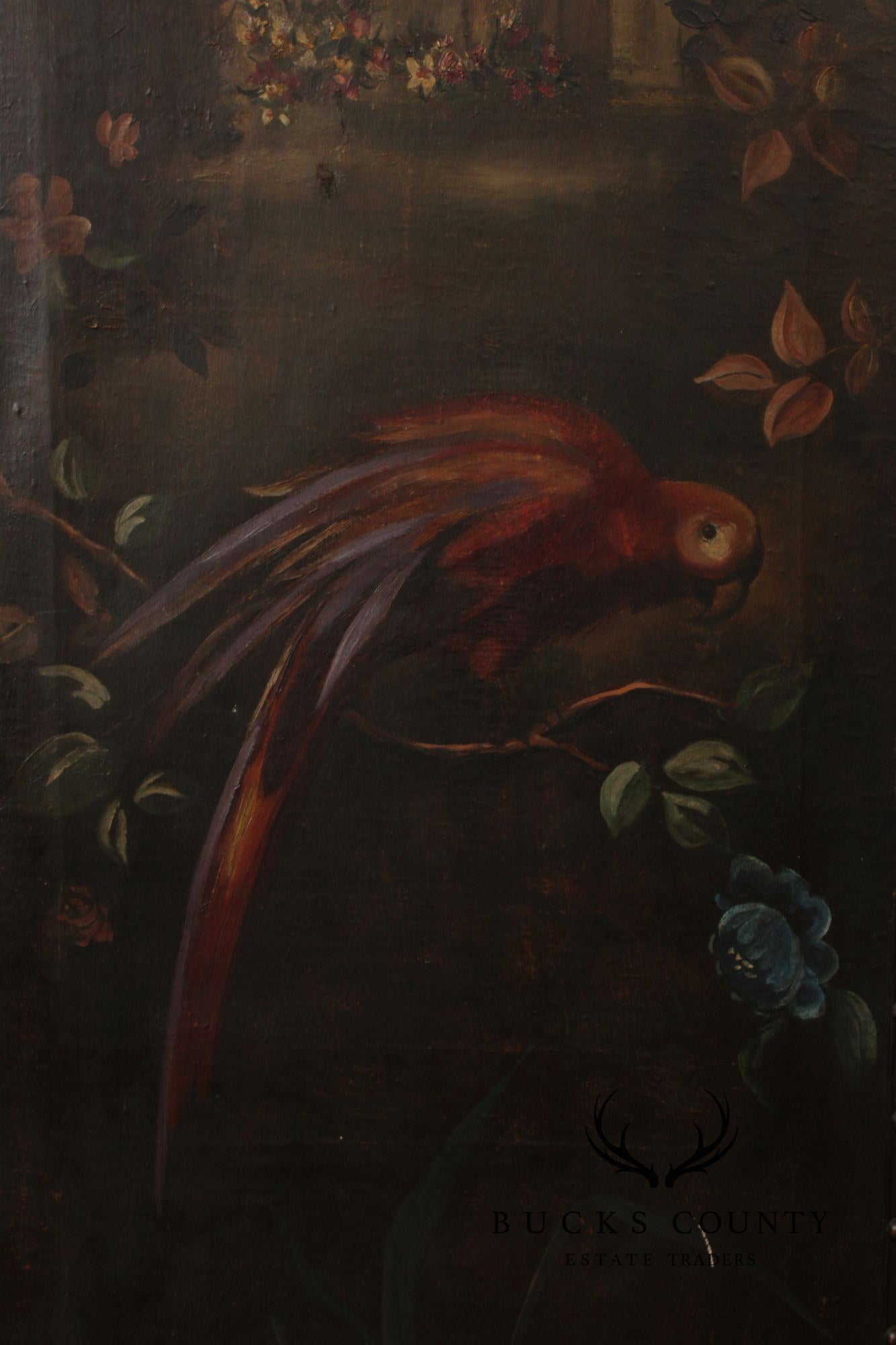 Antique Style 3-Panel Hand-Painted Oil On Canvas Floor Screen Room Divider With Floral Still Life, Birds & Garden Landscape
