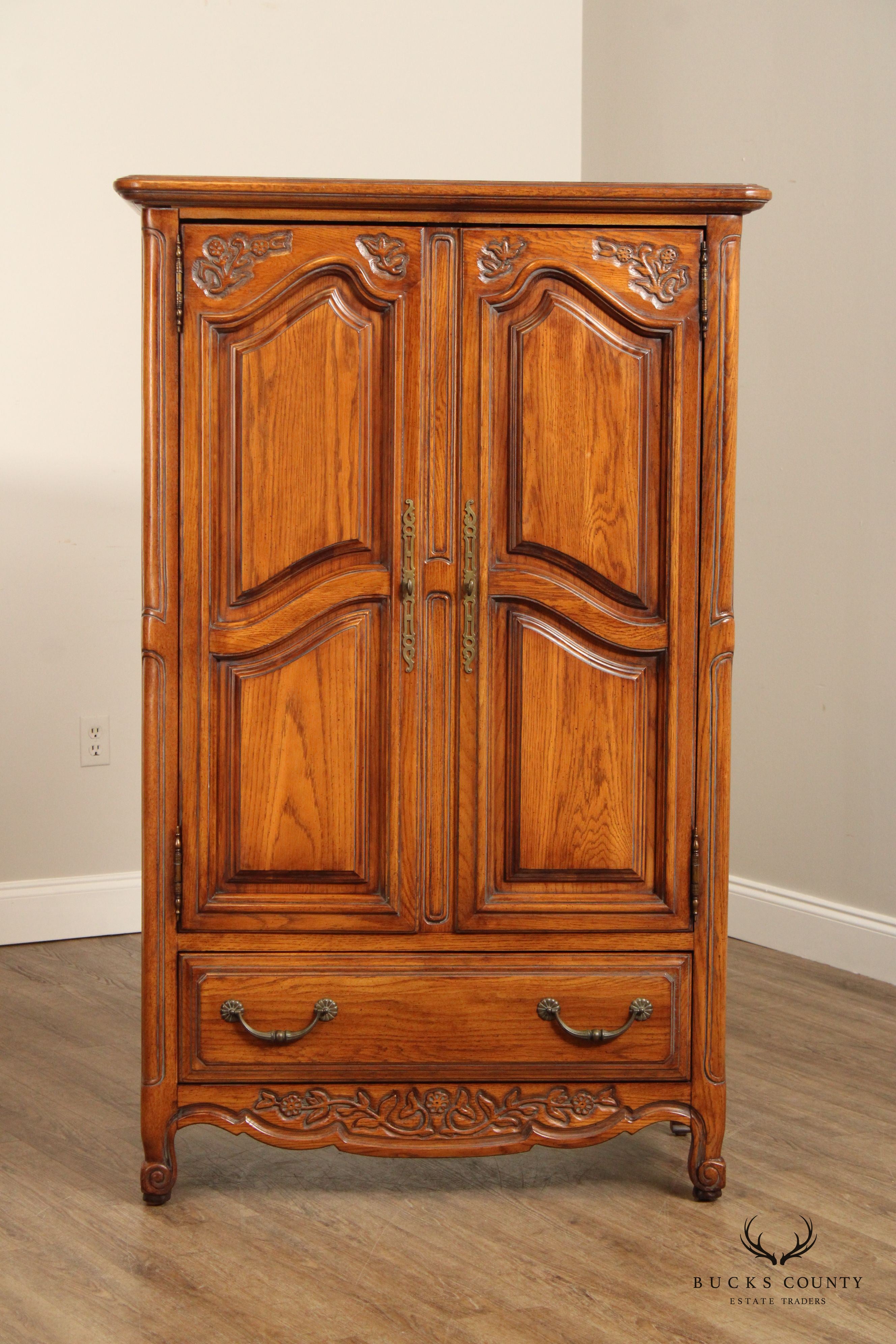 FRENCH COUNTRY STYLE CARVED OAK TWO DOOR ARMOIRE