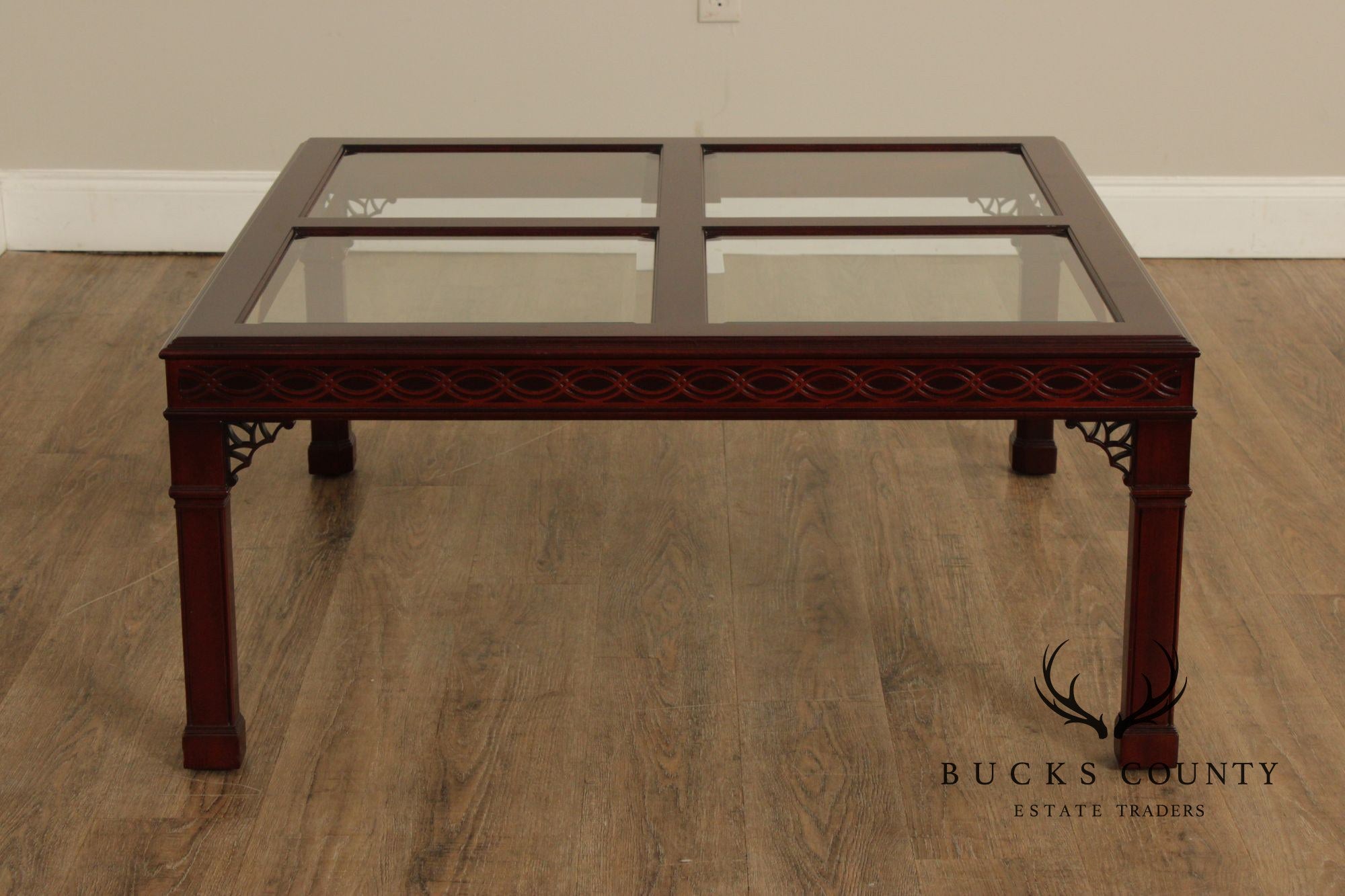 Kindel Chinese Chippendale Style Glass Top Mahogany Coffee Table