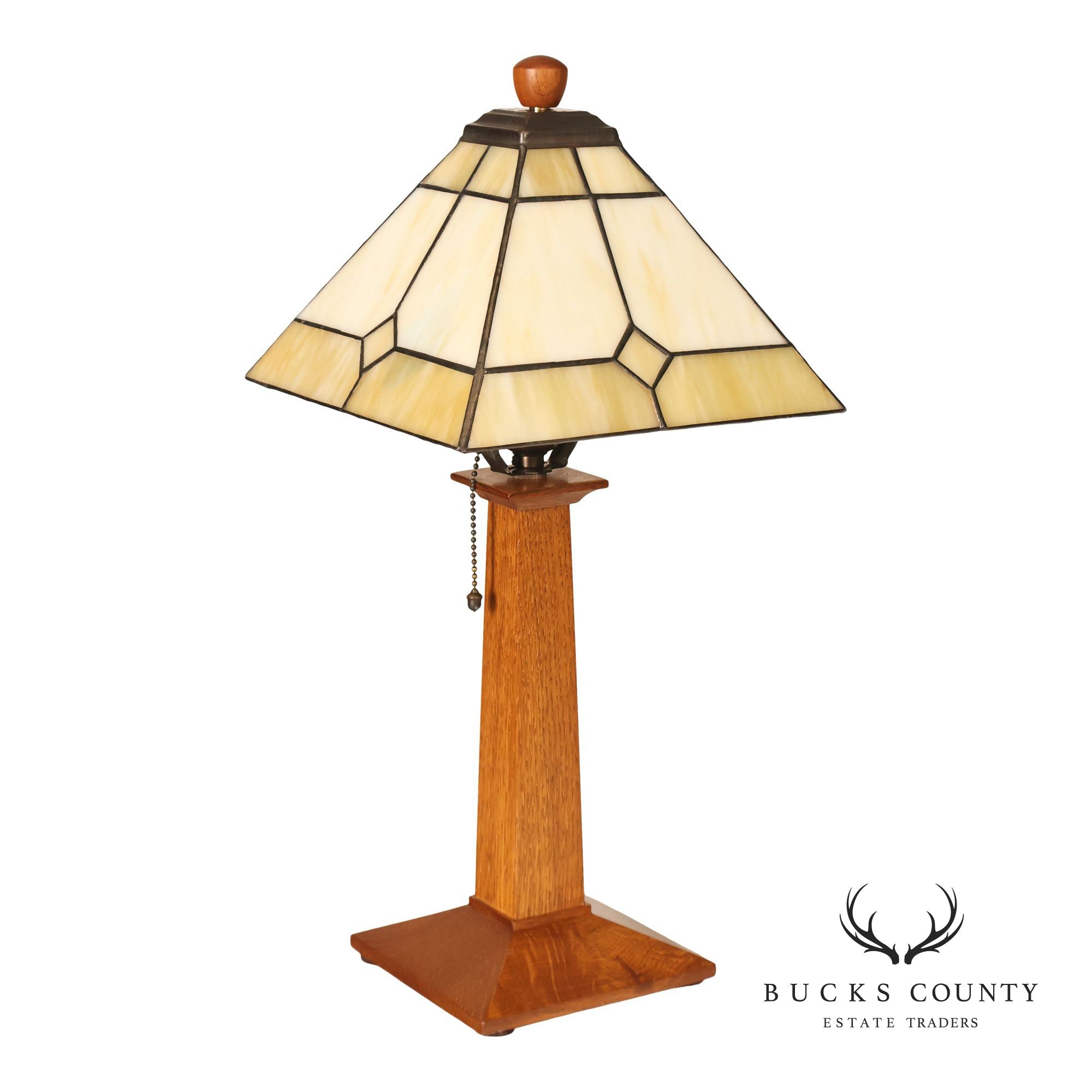 Stickley Mission Collection Oak Table Lamp with Art Glass Shade