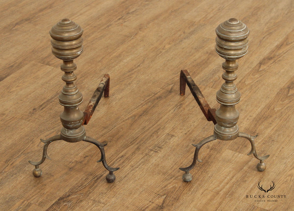 Antique Pair Federal Style Brass Andirons