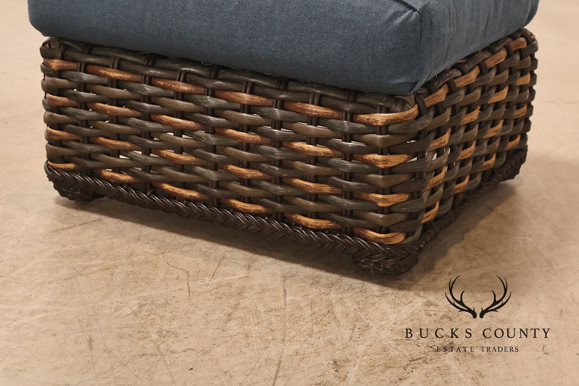 Lane Venture Weather Master Pair Of Woven Wicker Outdoor Ottomans With Blue Cushions