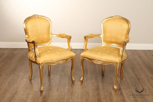French Louis XV Style Pair of Giltwood Fauteuil Armchairs