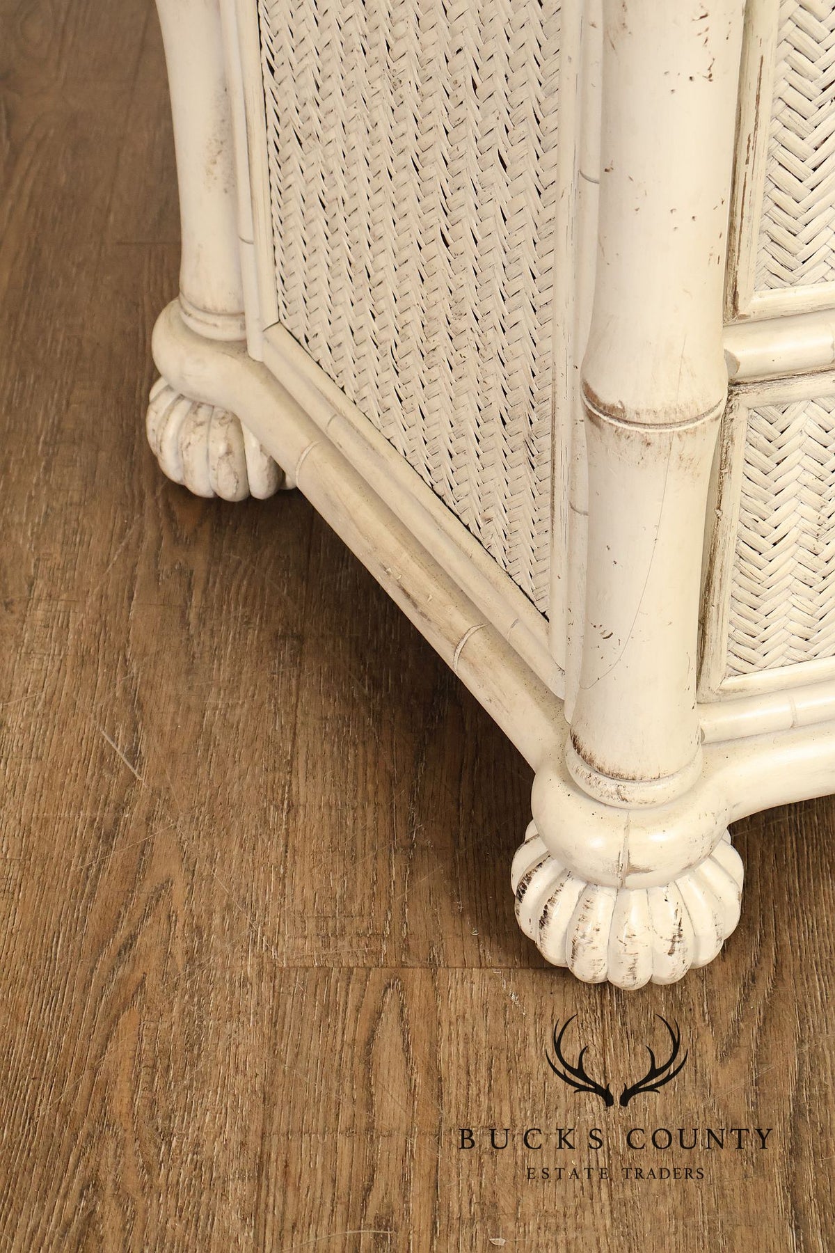Pair Of Tommy Bahama By Lexington Painted Woven Rattan Three Drawer Nightstands