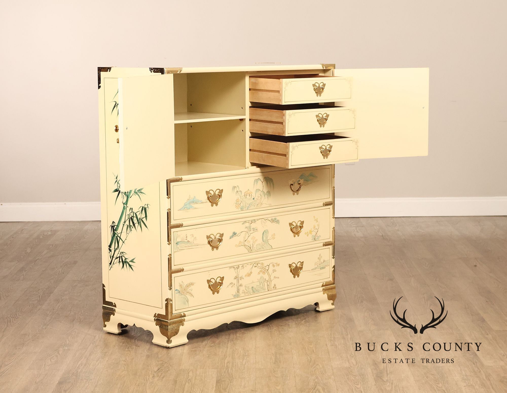 Chinoiserie Hand Painted Decorated Tall Chest