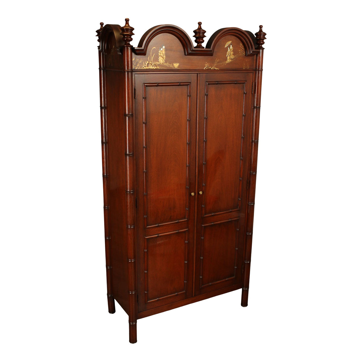 Chinoiserie Style Mahogany Gentleman's Armoire With Faux Bamboo Moldings and Painted Panels