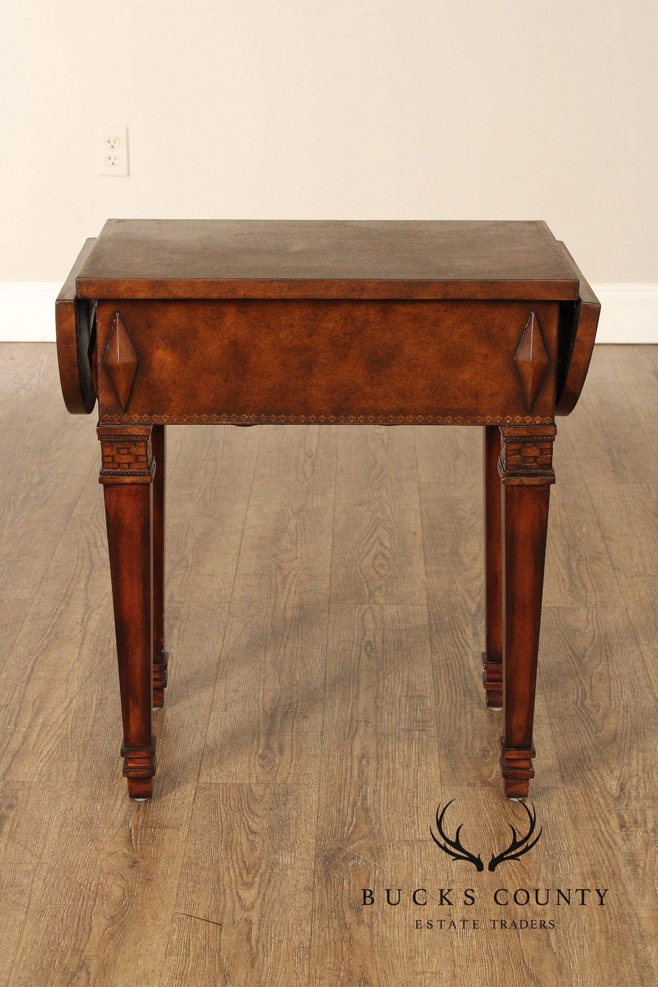 Neoclassical Style Leather Wrapped Drop-Leaf Side Table