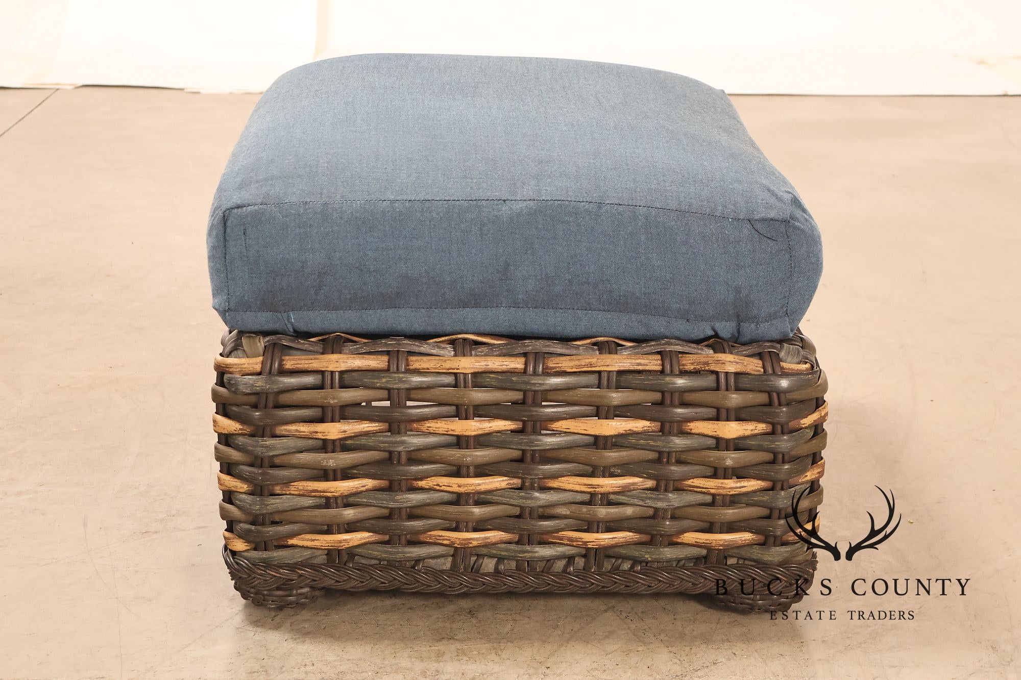 Lane Venture Weather Master Pair Of Woven Wicker Outdoor Ottomans With Blue Cushions