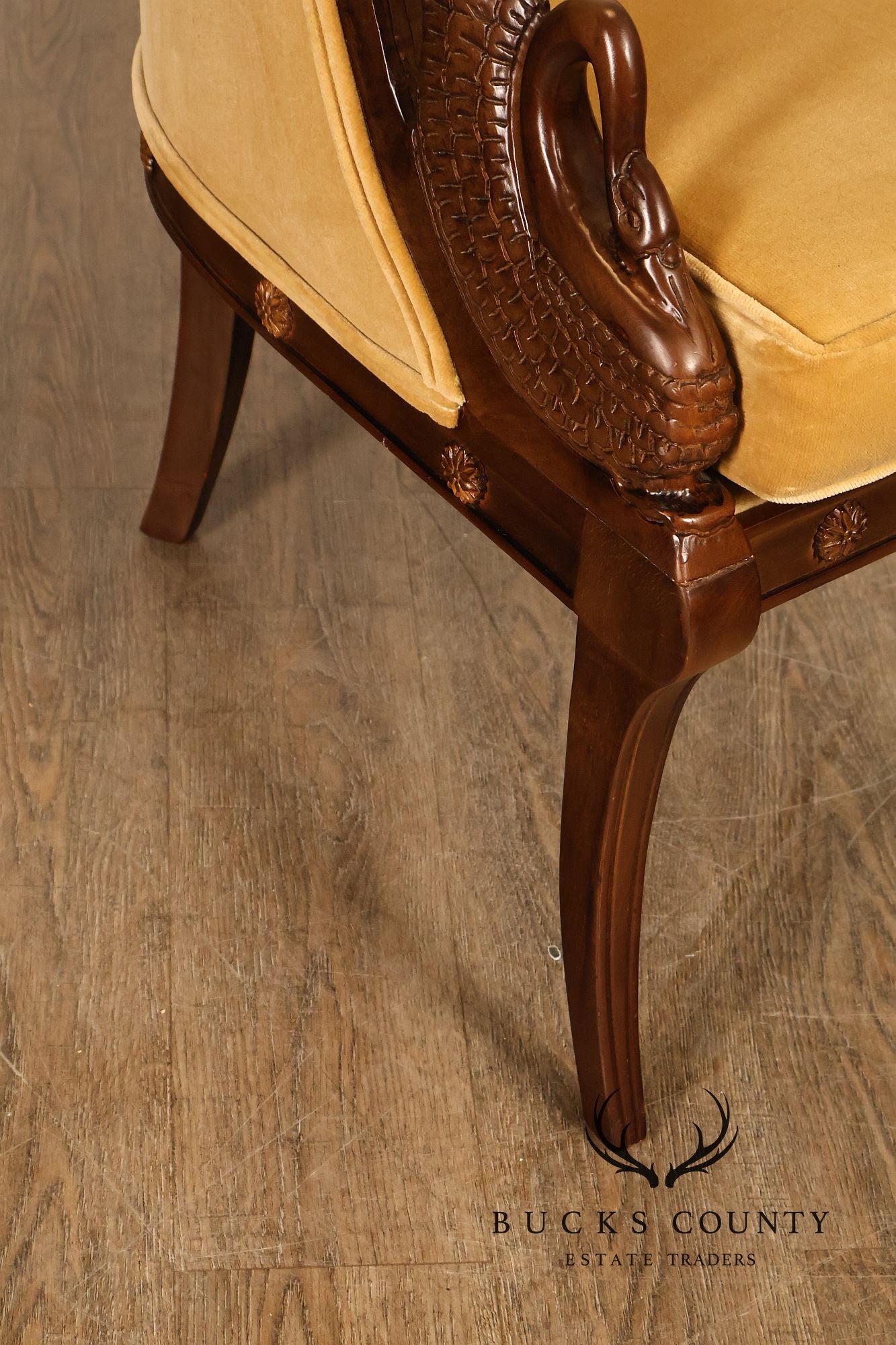 Pair Of French Empire Style Carved Mahogany Swan Motif Barrel Back Club Chairs In Gold Velvet