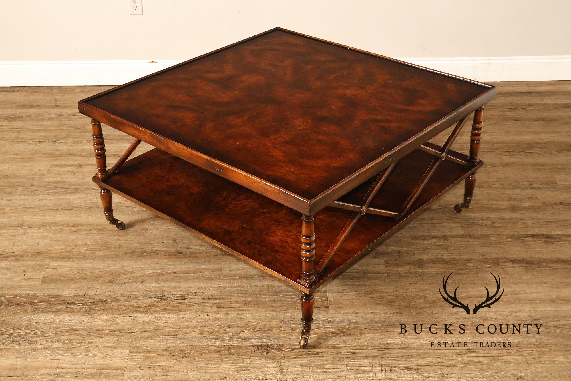 Regency Style Burl Wood Two-Tier Square Coffee Table On Brass Casters