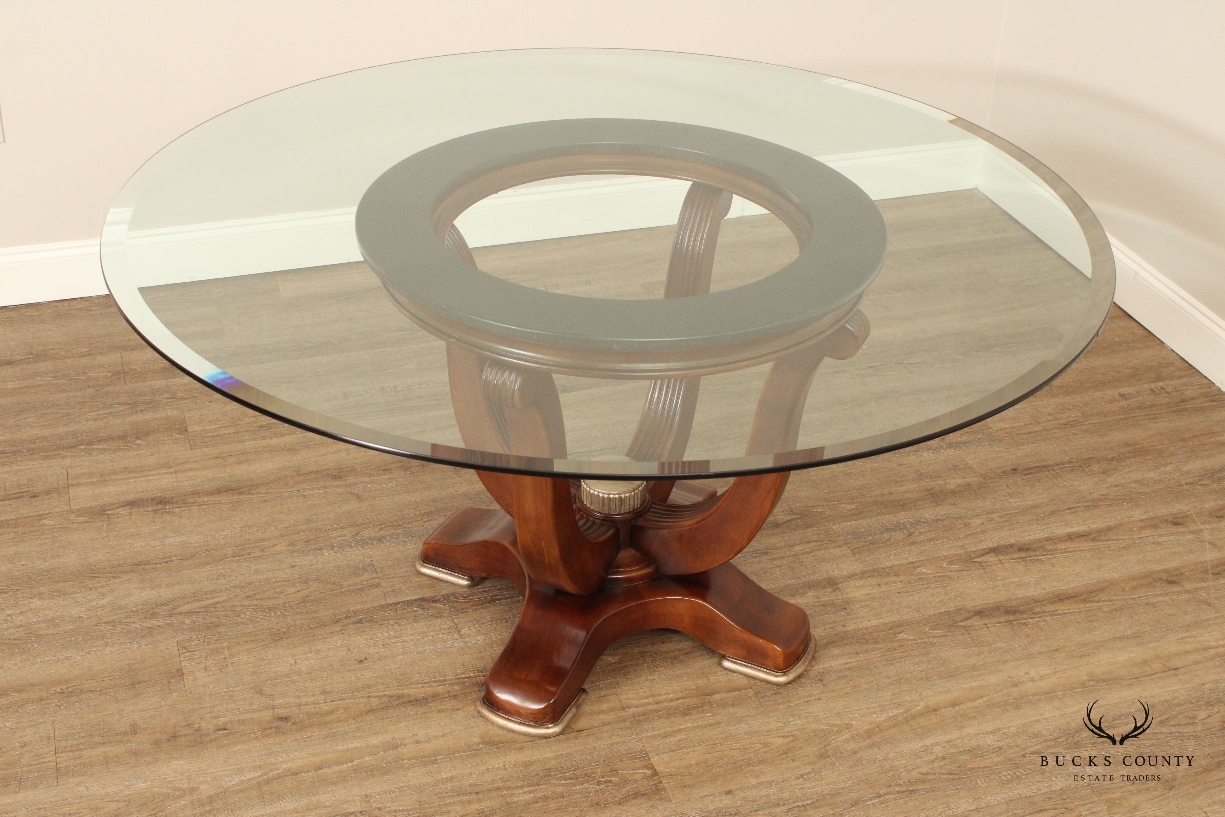 Modern Art Deco Style Round Glass Top Pedestal Dining Table