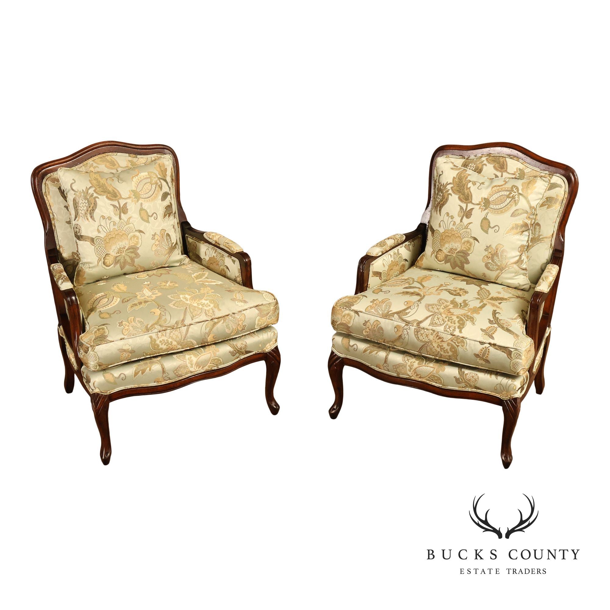 Louis XV Style Pair Of Bergere Upholstered Lounge Chairs