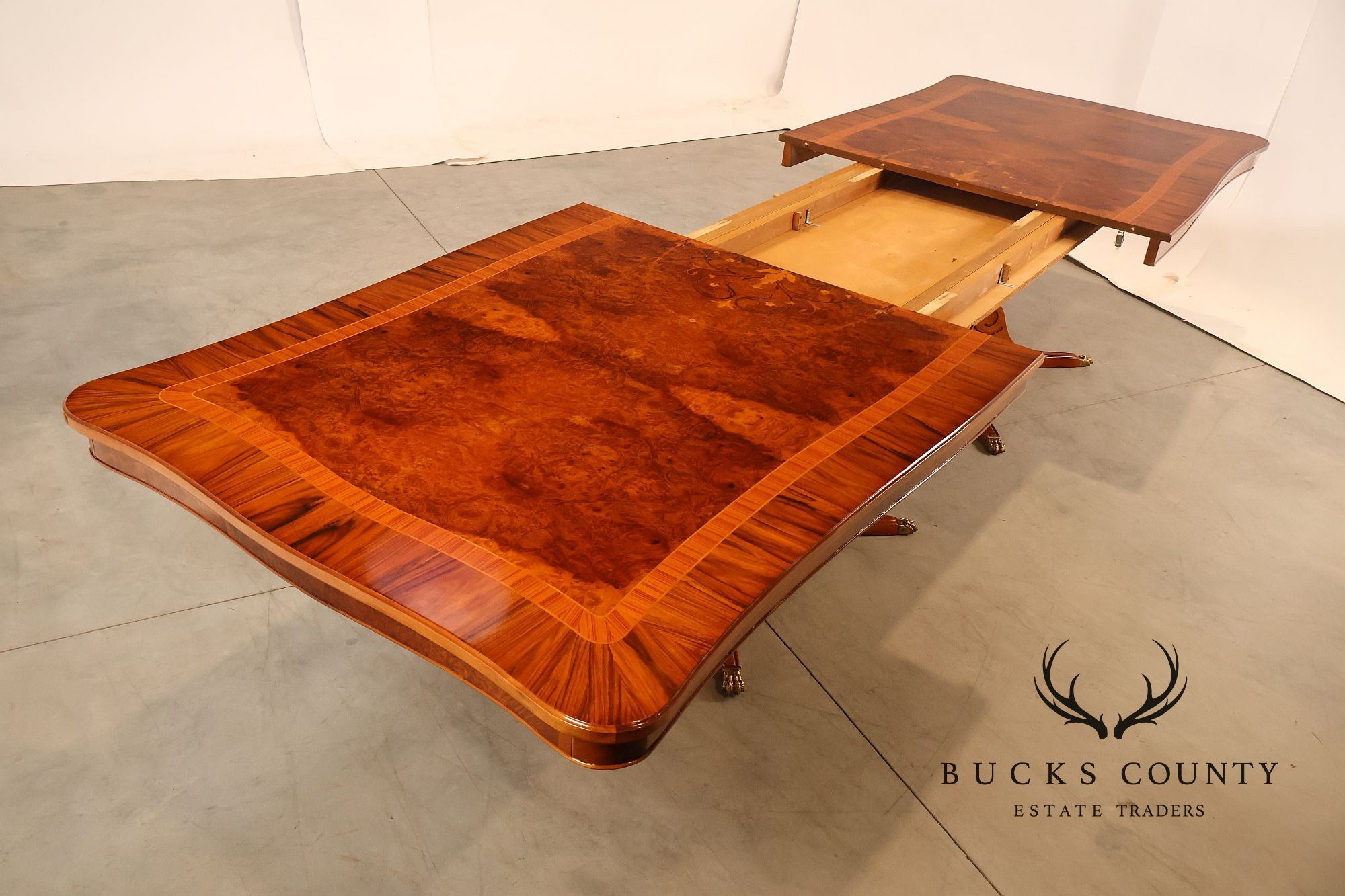 Exceptional Italian Burlwood Inlaid Double Pedestal Extendable Dining Table