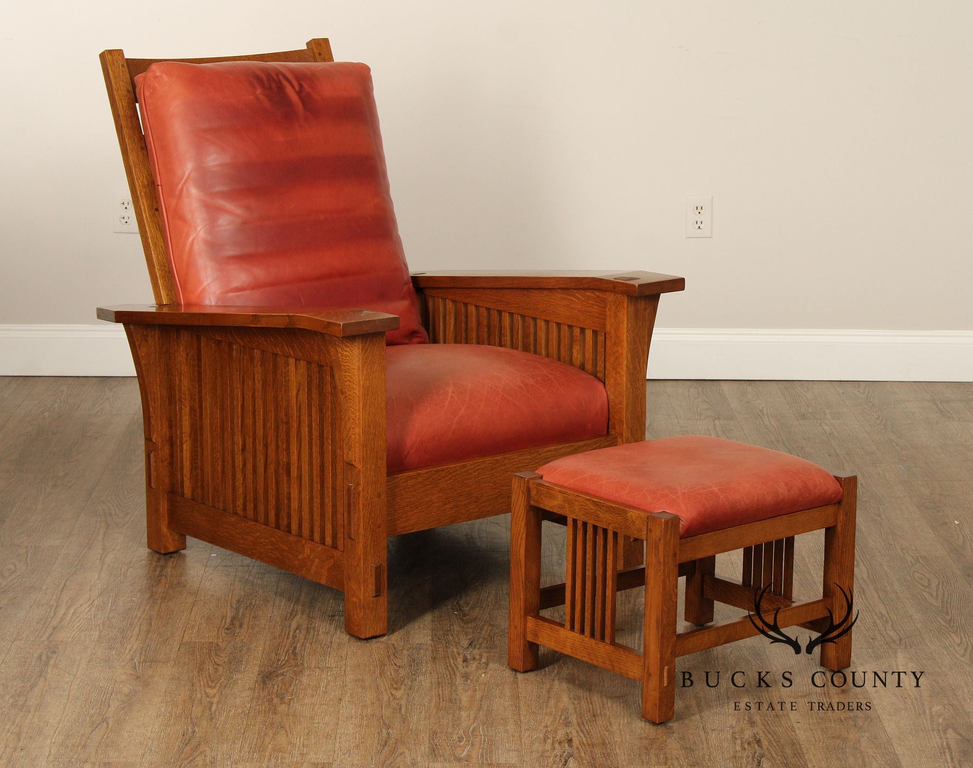 Stickley Mission Collection Oak and Leather Spindle Morris Chair and Ottoman