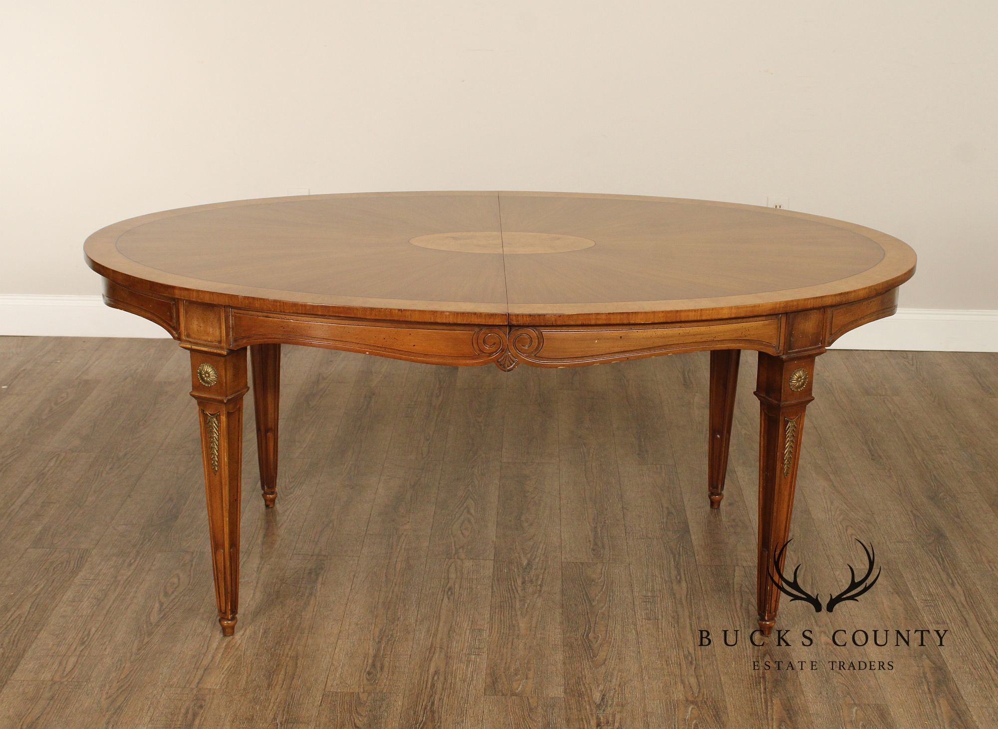 FRENCH LOUIS XVI STYLE VINTAGE SUNBURST OVAL BANDED DINING TABLE