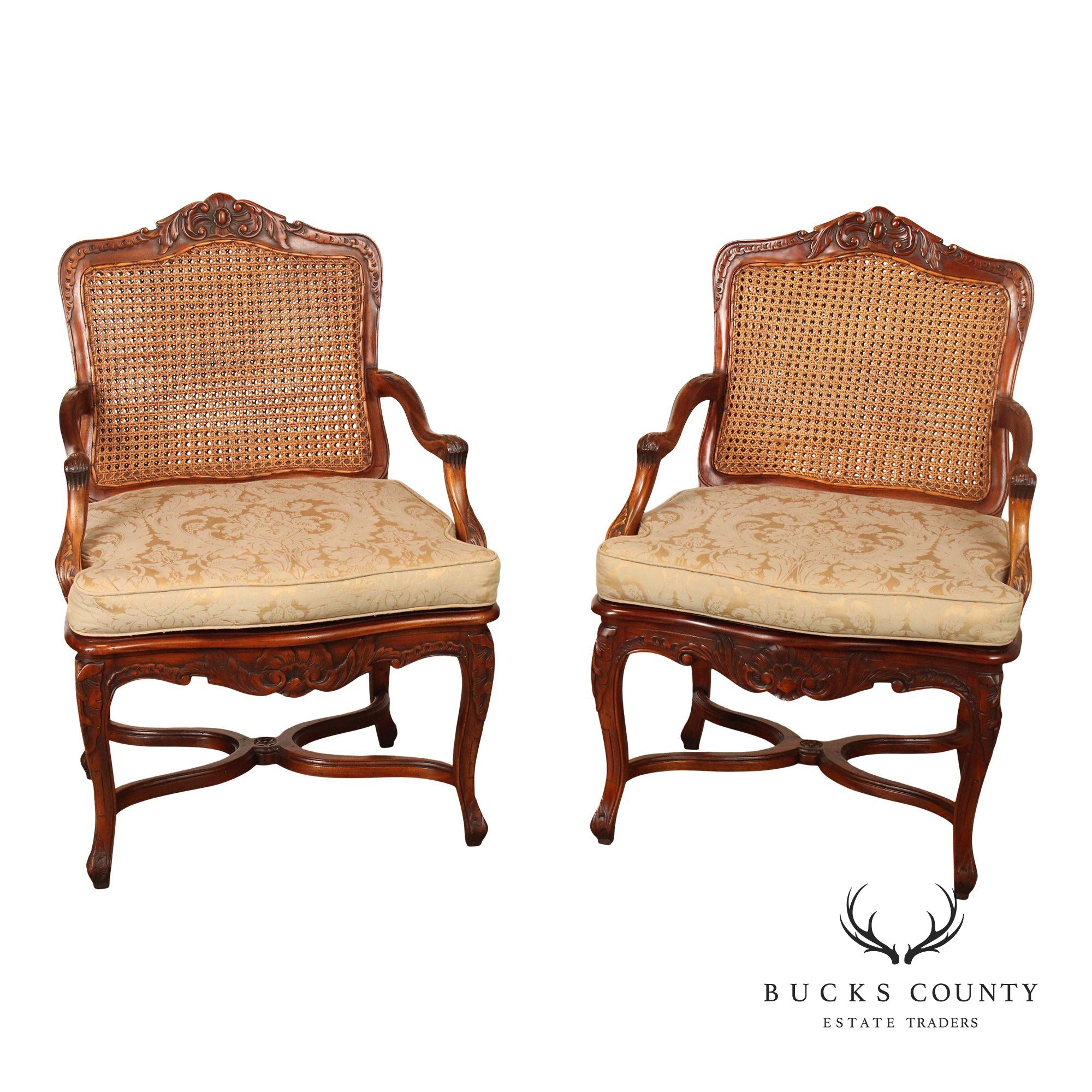 French Country Style Pair of Caned Armchairs