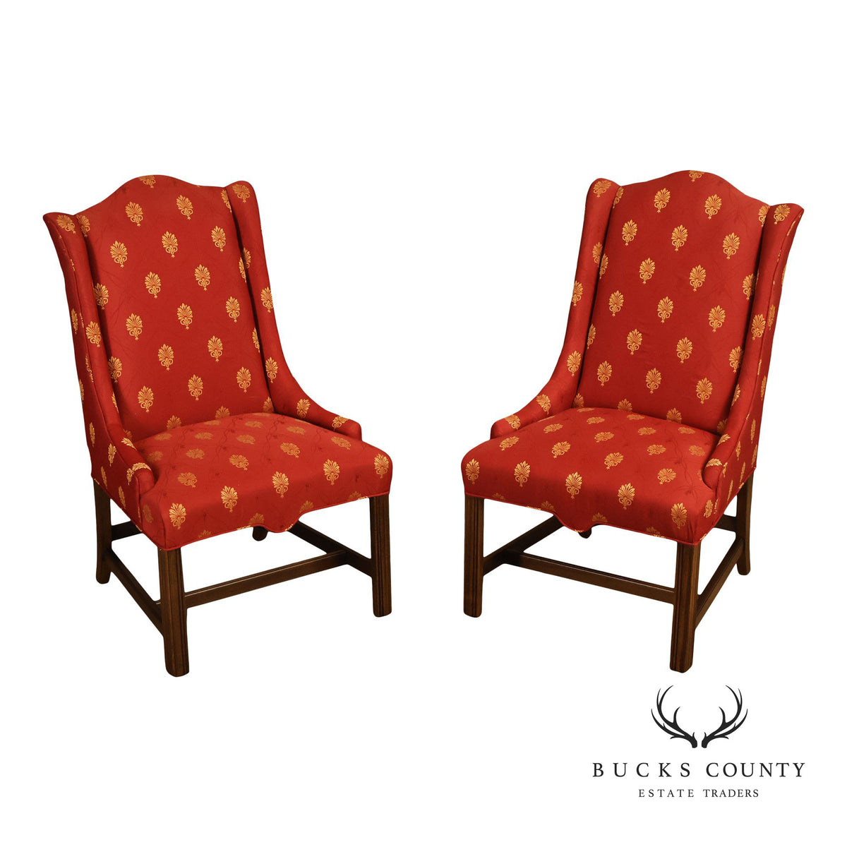 Pair Of Red And Gold Upholstered Wingback Accent Chairs With H-Stretcher Bases