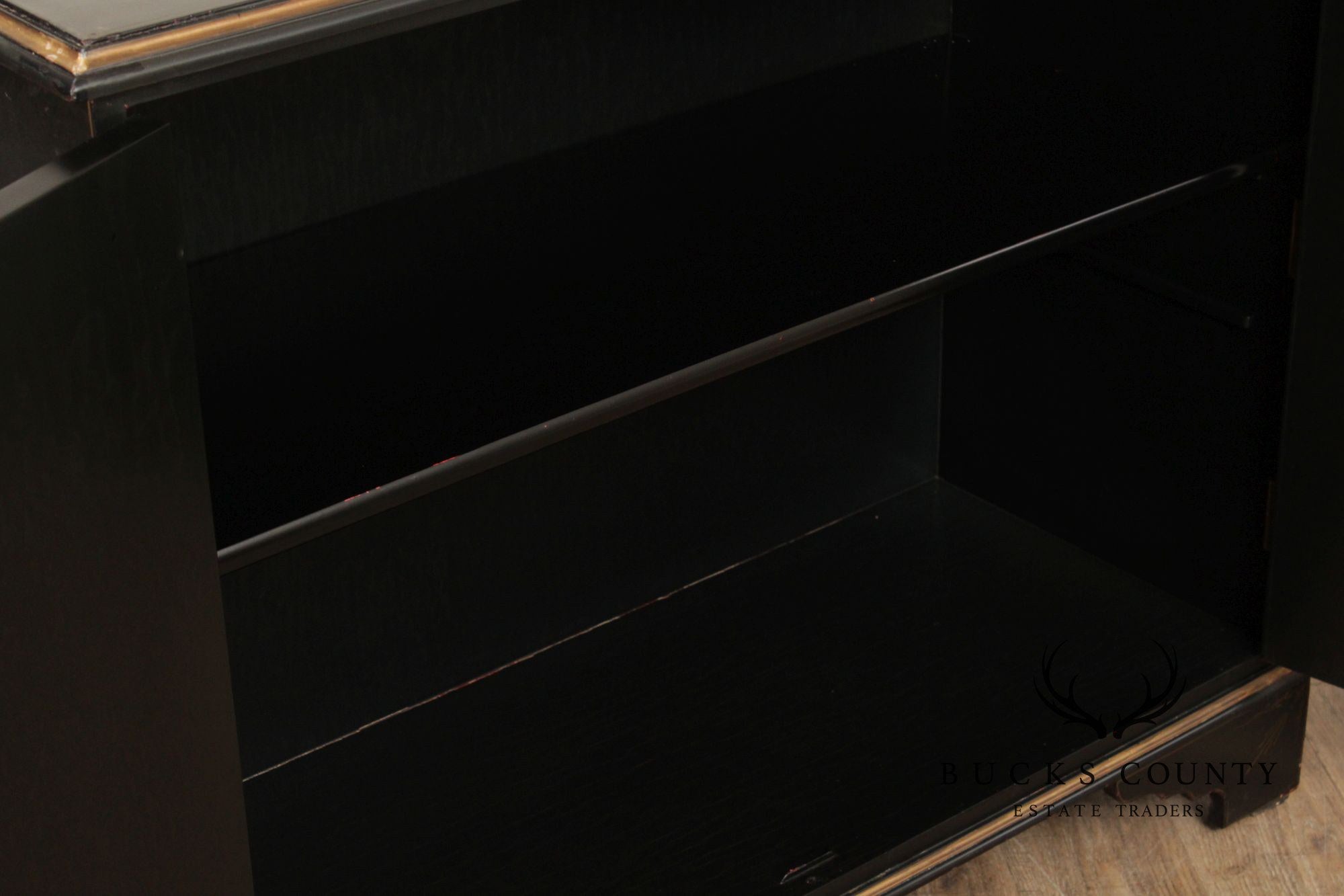 Georgian Furnishing Co. Pair Of Black Lacquer Chinoiserie Cabinets