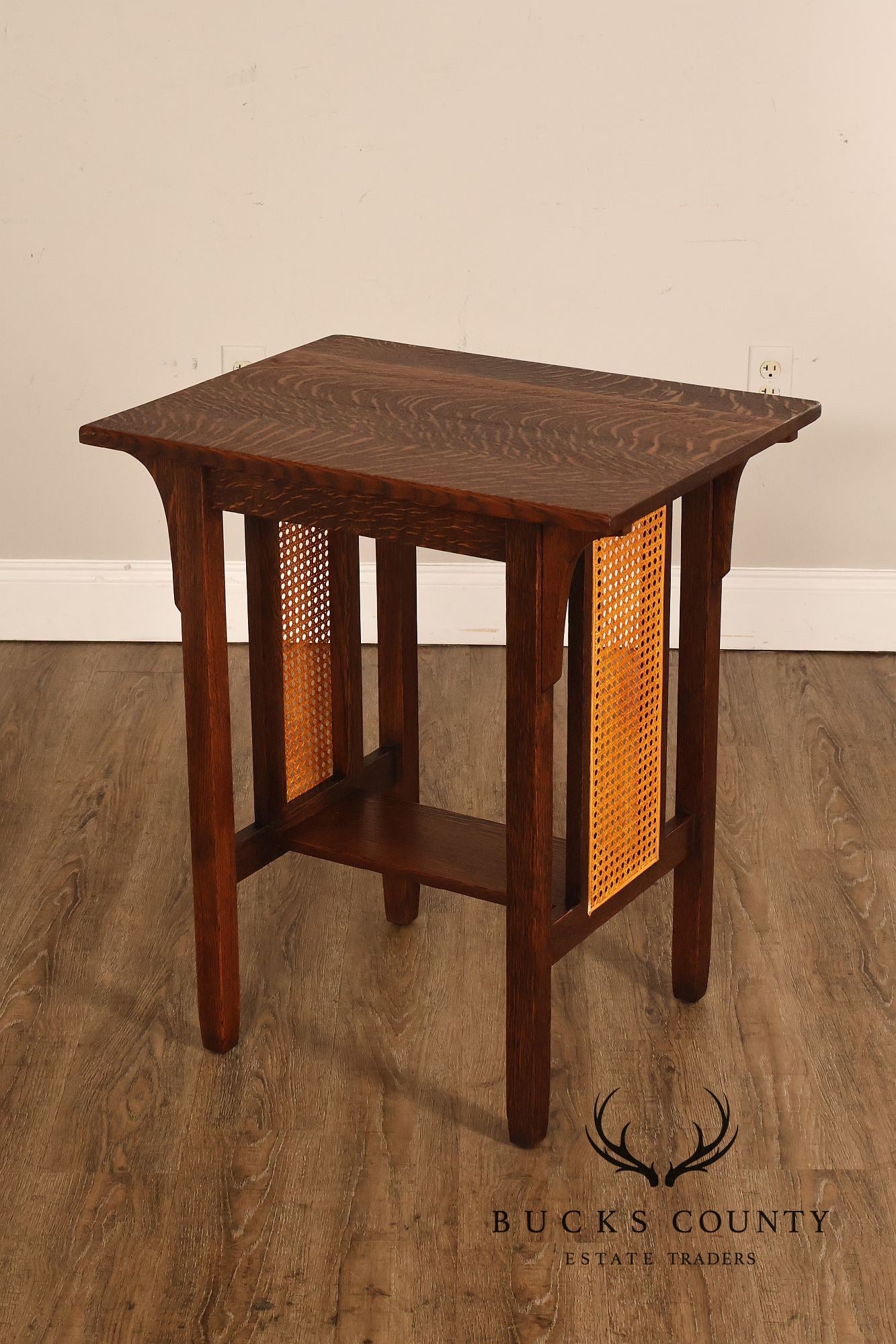 Antique Stickley Brothers Arts & Crafts Oak Side Table With Cane Panels