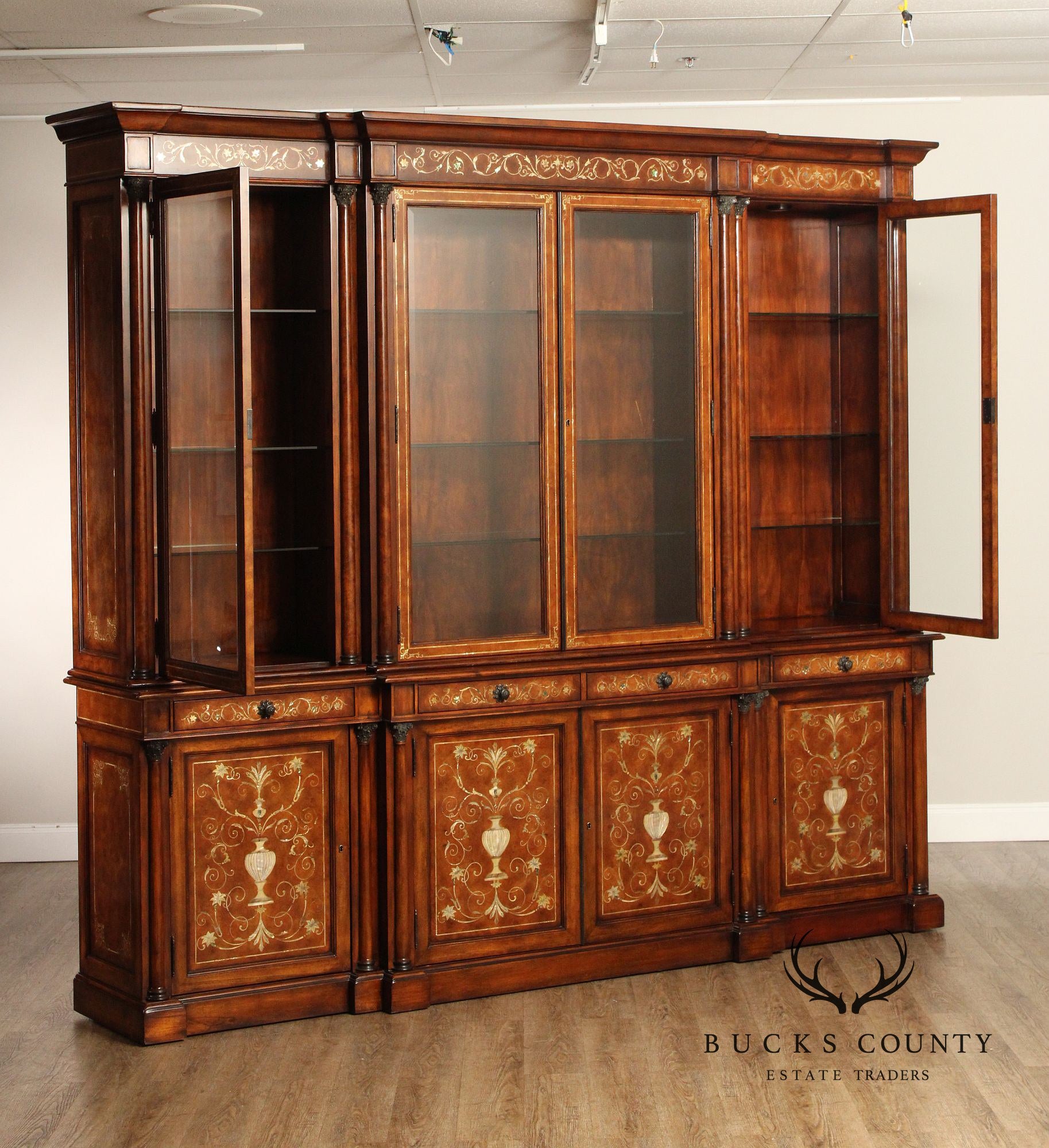 Theodore Alexander Monumental Inlaid Mahogany Breakfront Bookcase