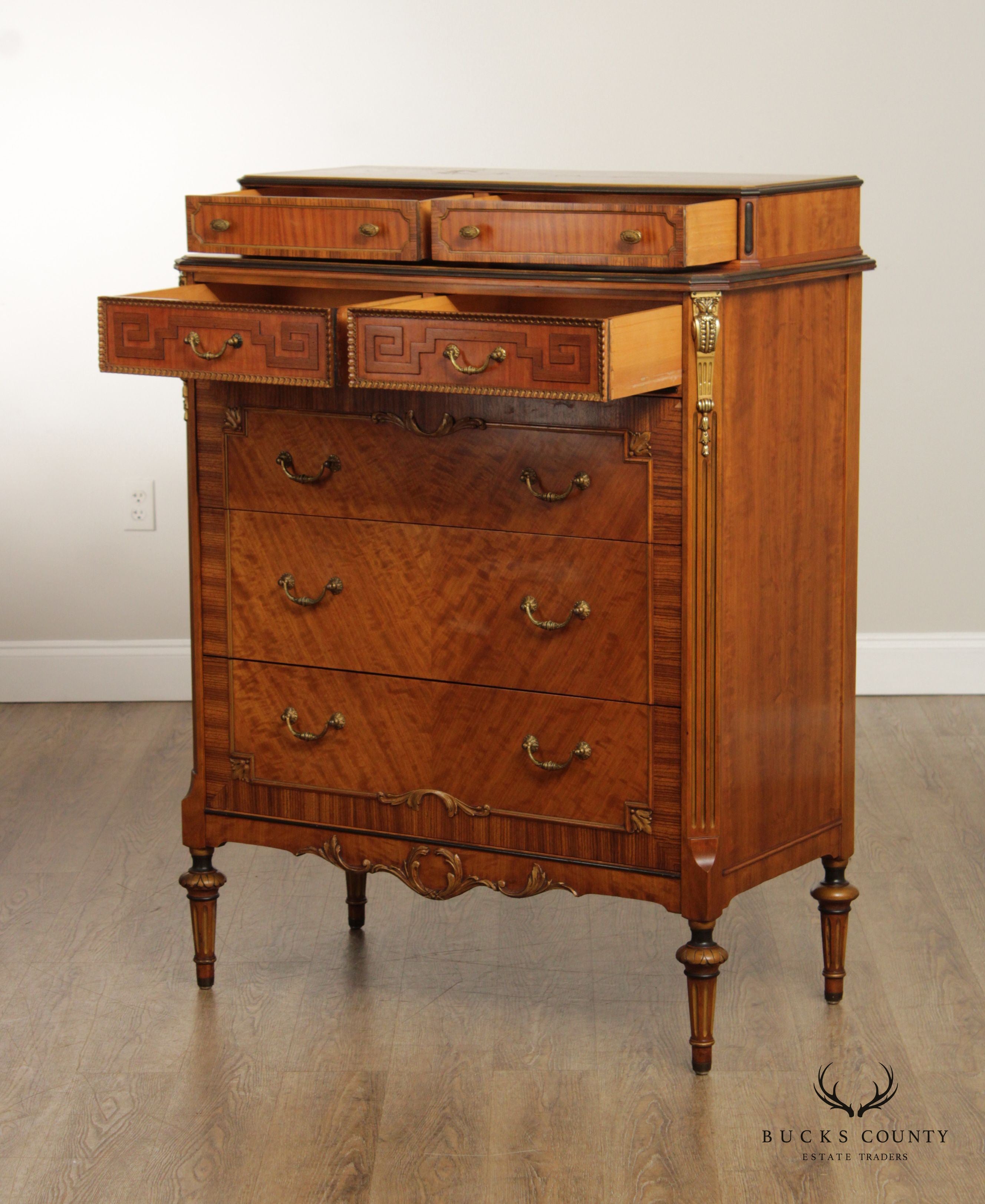 1930's French Louis XVI Style Vintage Satinwood High Chest By Sligh