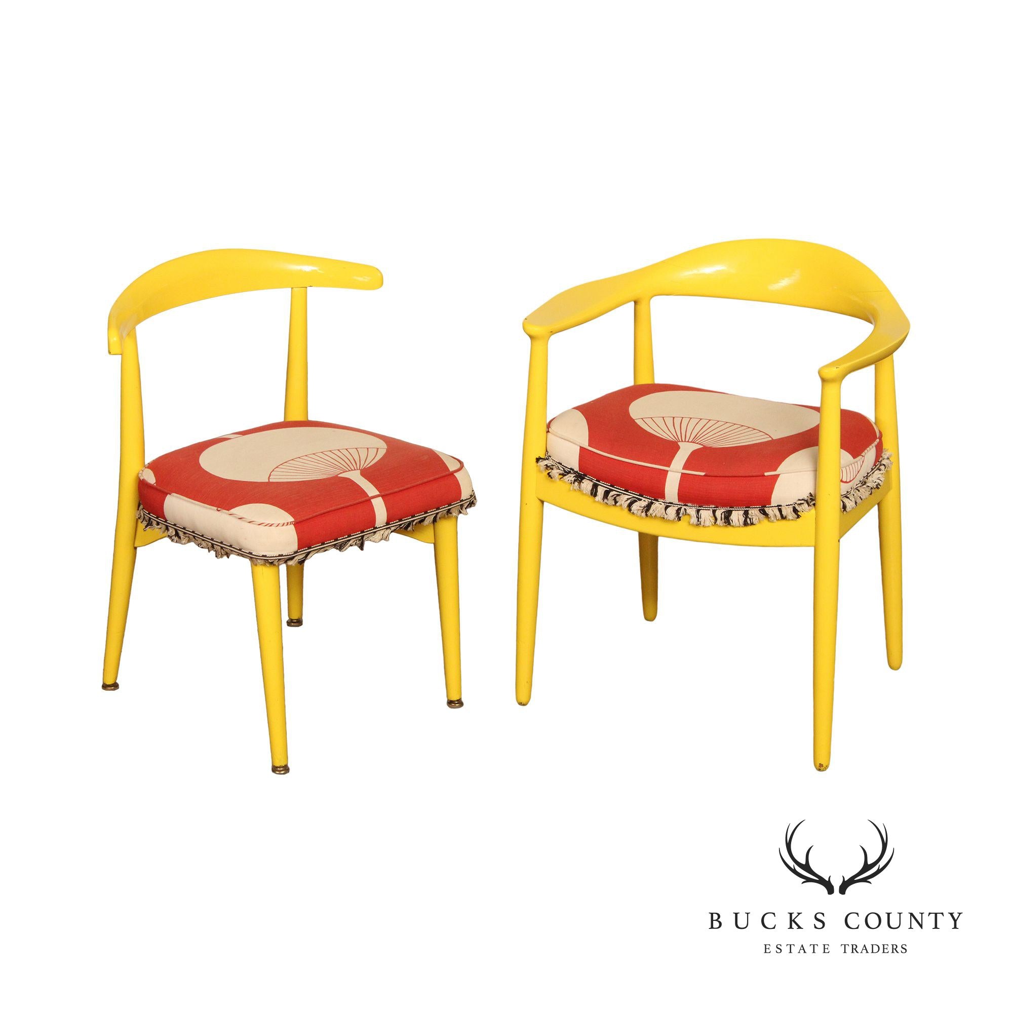 Vintage Mid Century Modern Pair Of Yellow Barrel Back Dining Chairs With Graphic Upholstery