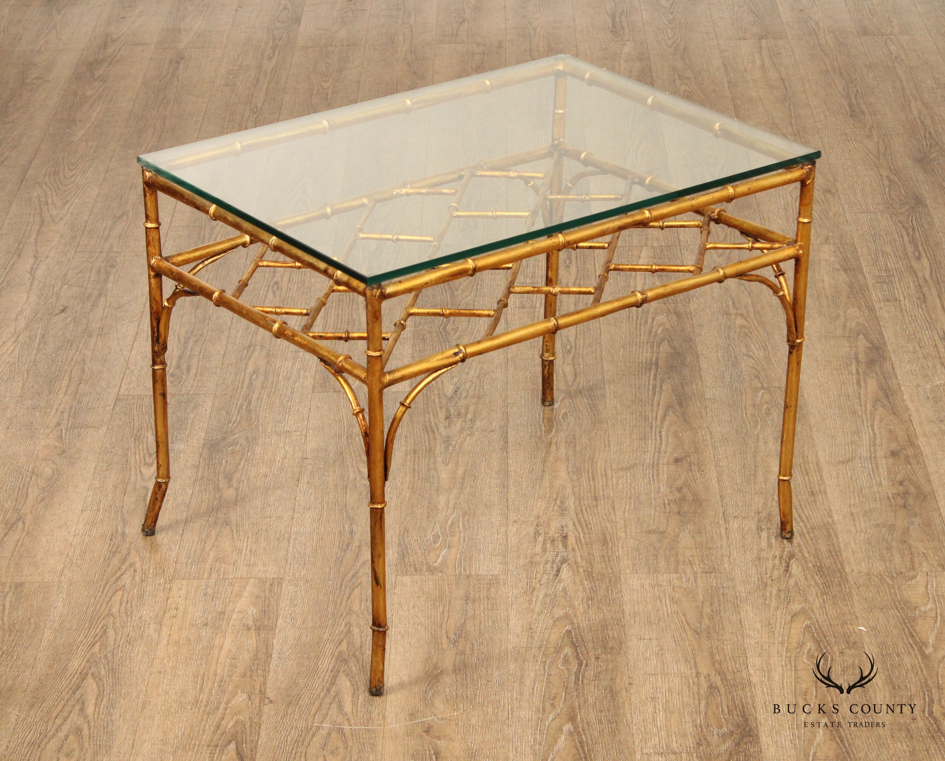 Hollywood Regency Style Vintage Glass Top Faux Bamboo Side Table