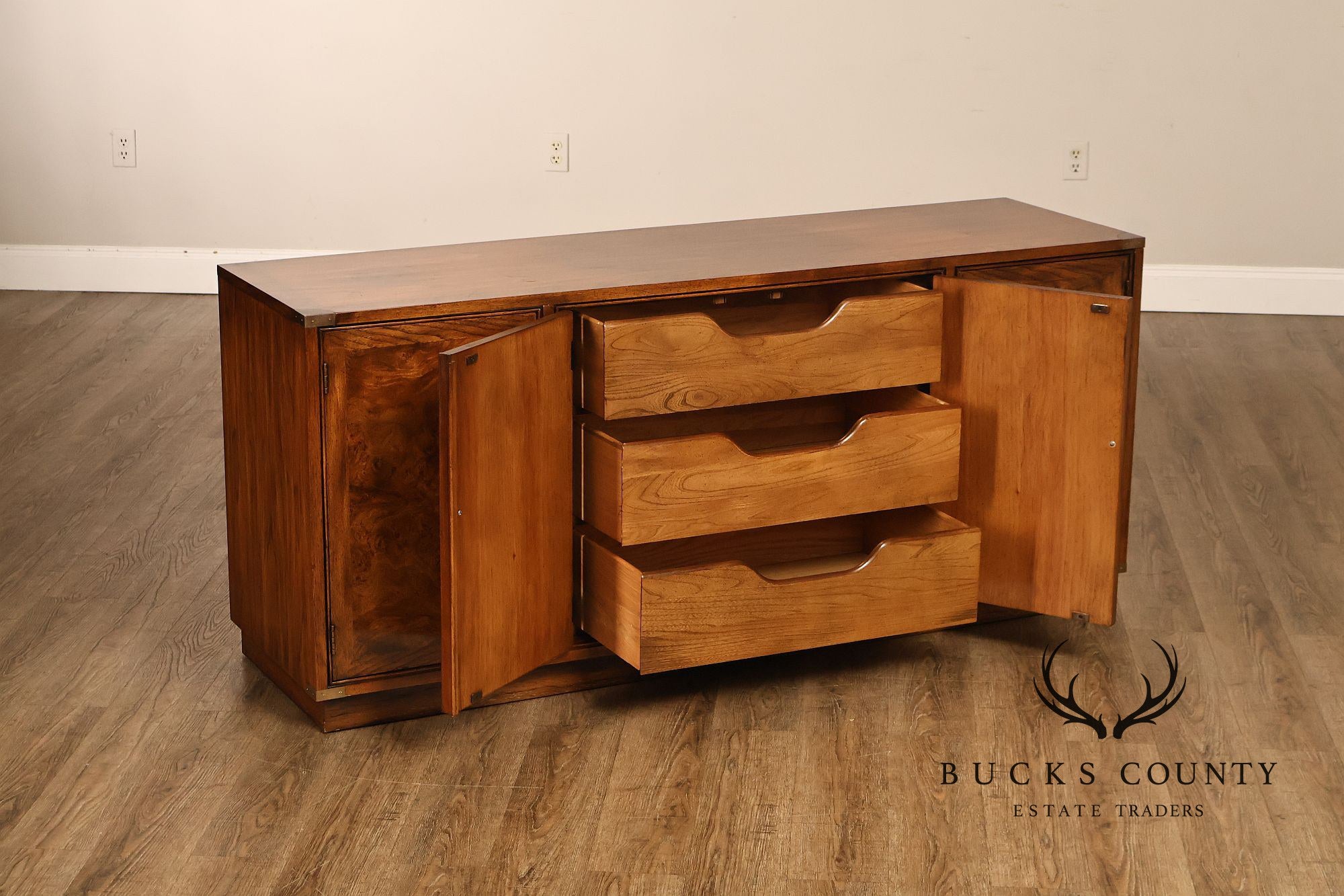 Hickory Manufacturing Vintage Campaign Style Burlwood Buffet Sideboard