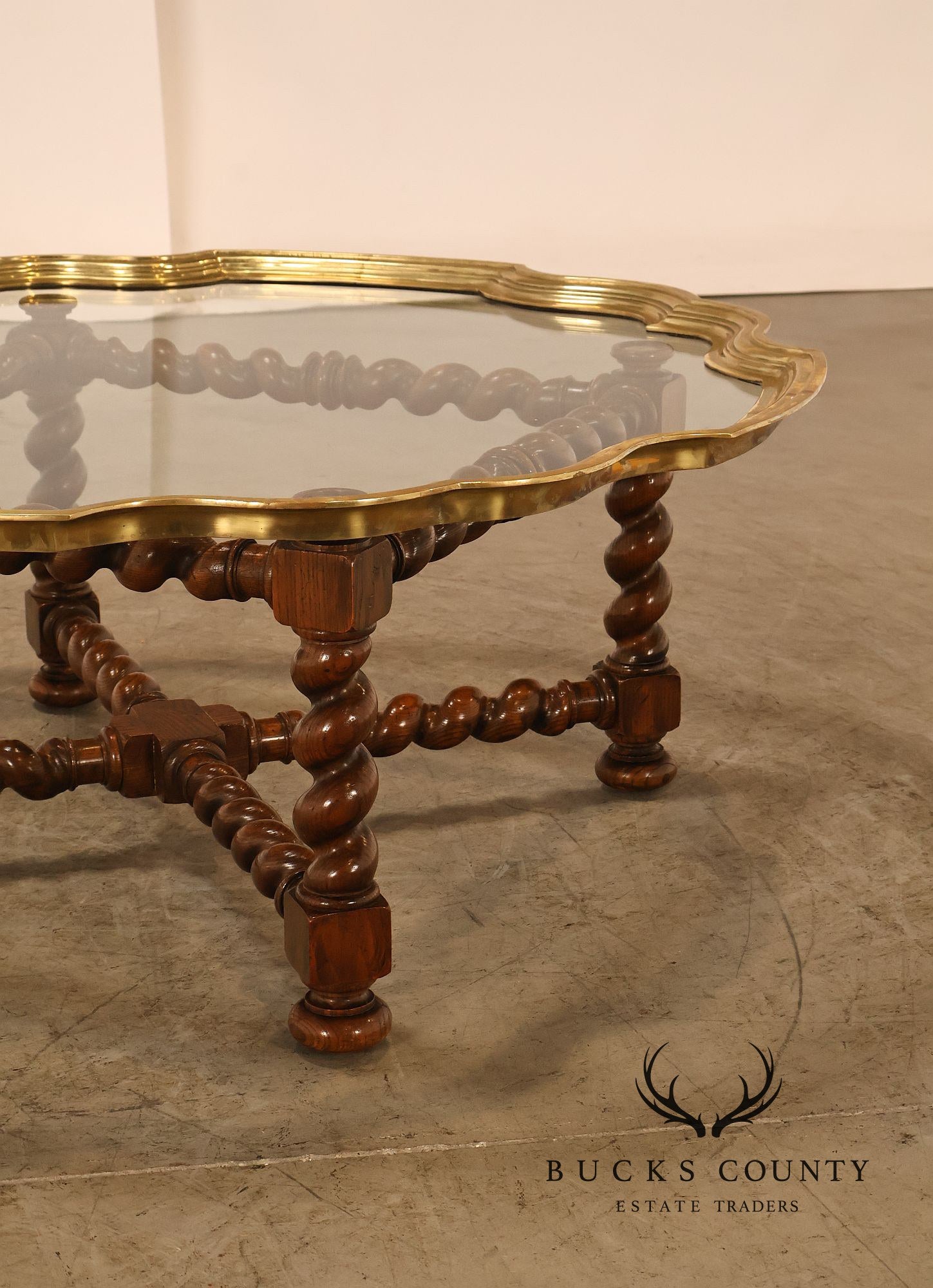 Baker Vintage Oak Barley Twist Scalloped Brass And Glass Top Coffee Table