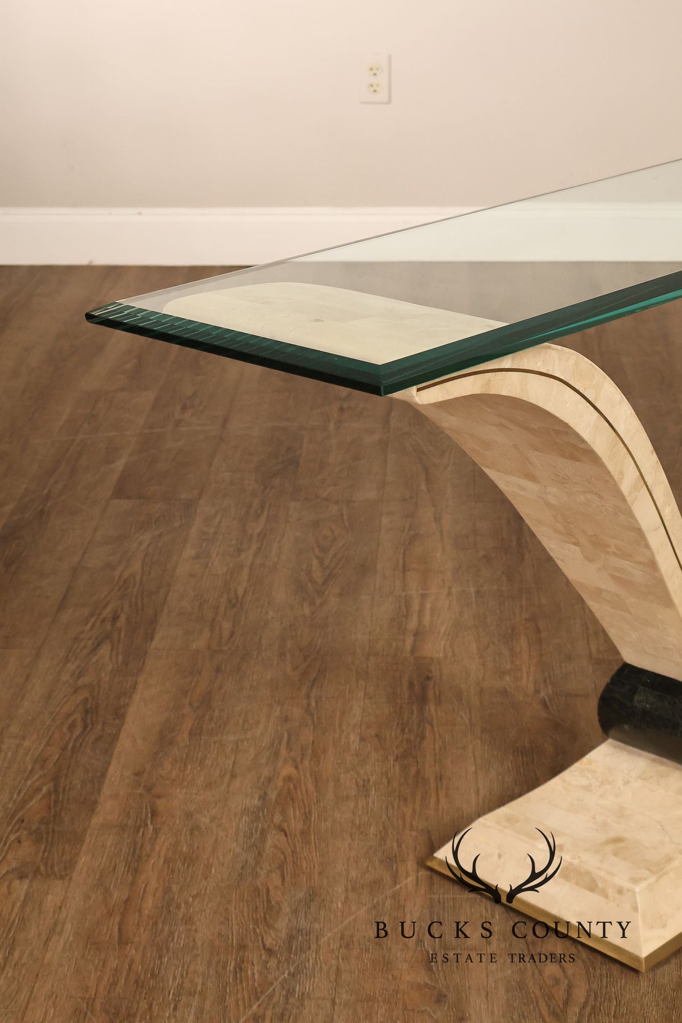 Postmodern Glass Top Travertine Console Table