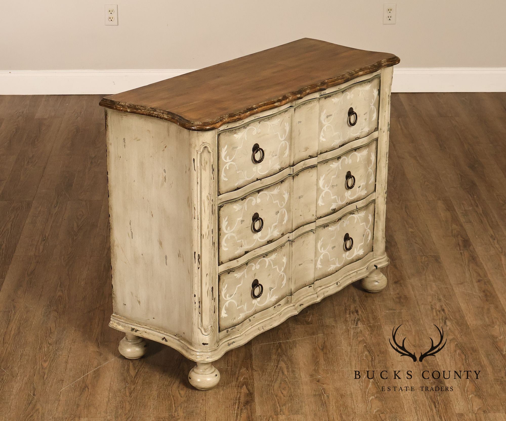 Painted Rustic European Style Three Drawer Chest With Distressed Finish