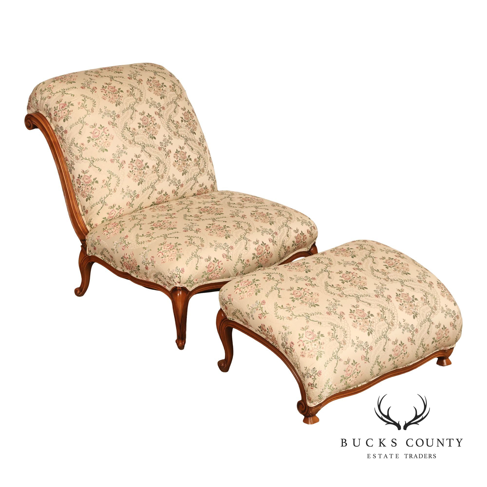 French Louis XV Style Two Piece Chaise Lounge Chair With Ottoman