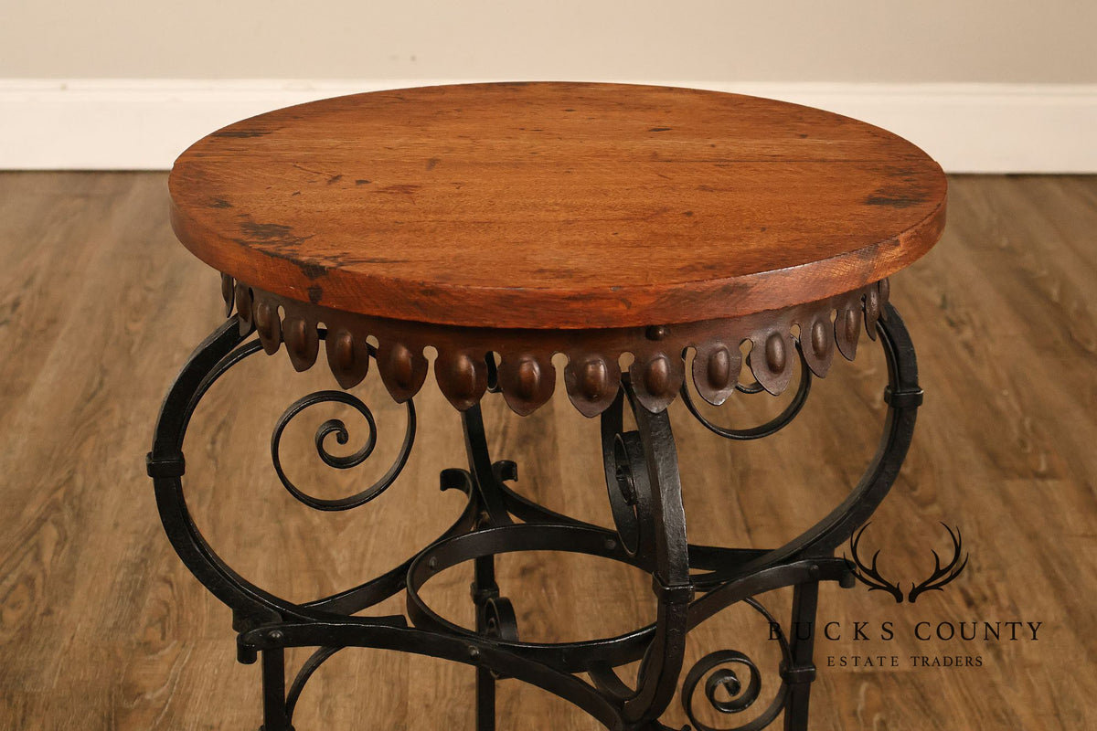 Spanish Revival Style Oak and Wrought Iron Accent Table