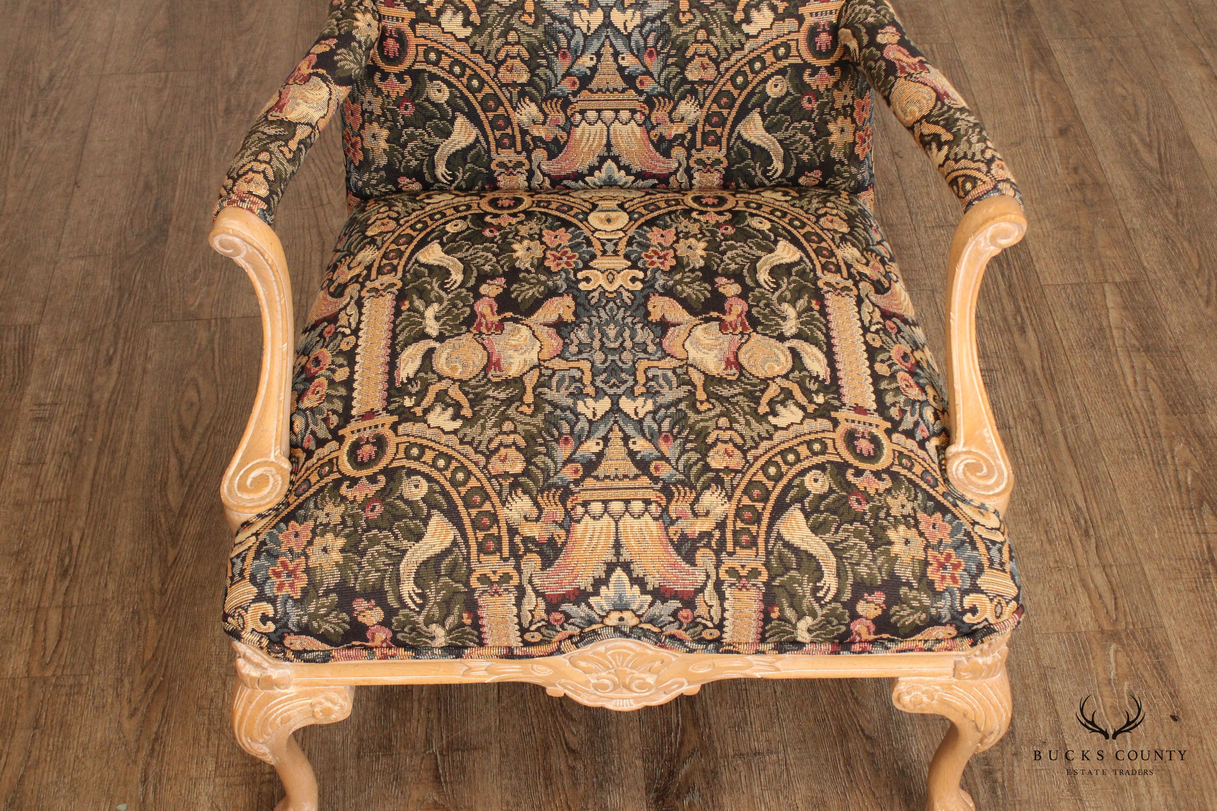 Georgian Style Carved and Cerused Pair of Armchairs