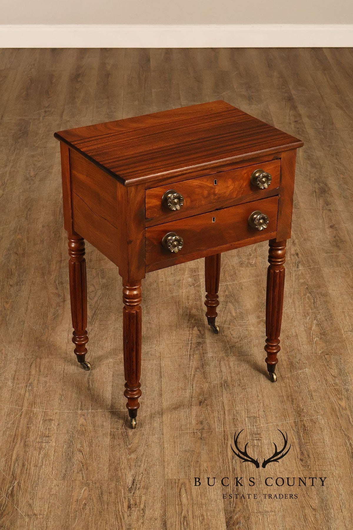 Antique American Sheraton Mahogany Two Drawer Work Table On Casters
