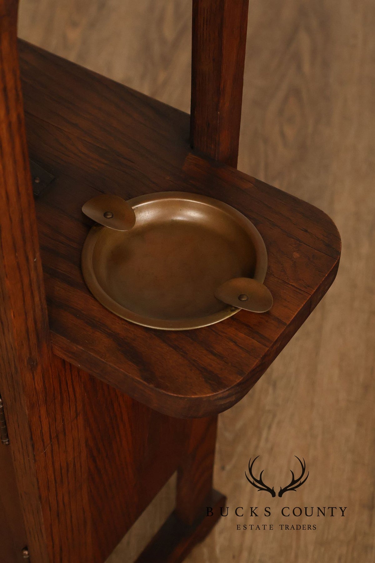 Antique Mission Arts And Crafts Oak Smoking Stand With Copper Ashtrays
