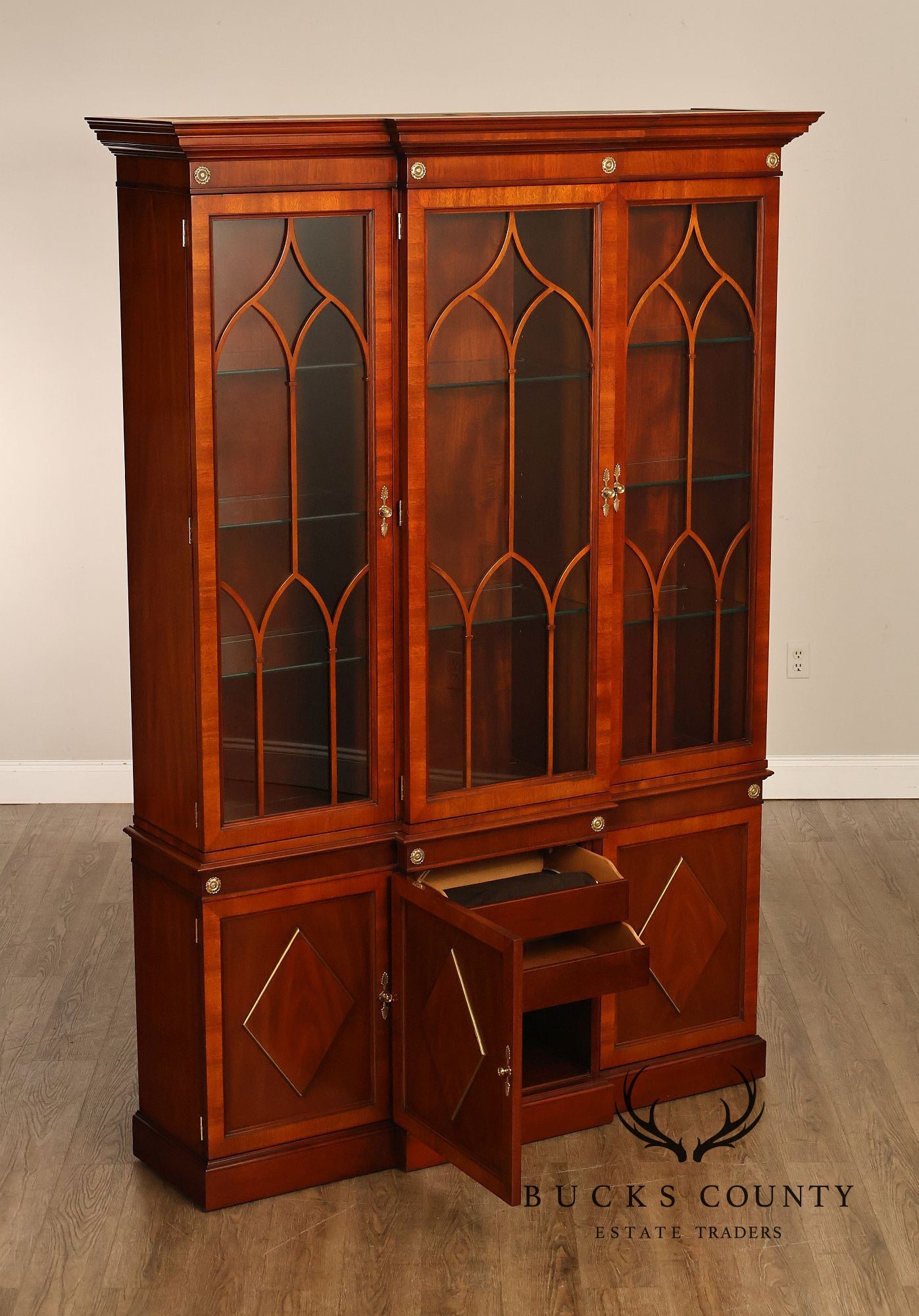 Kindel Neoclassical Style Mahogany Breakfront China Cabinet