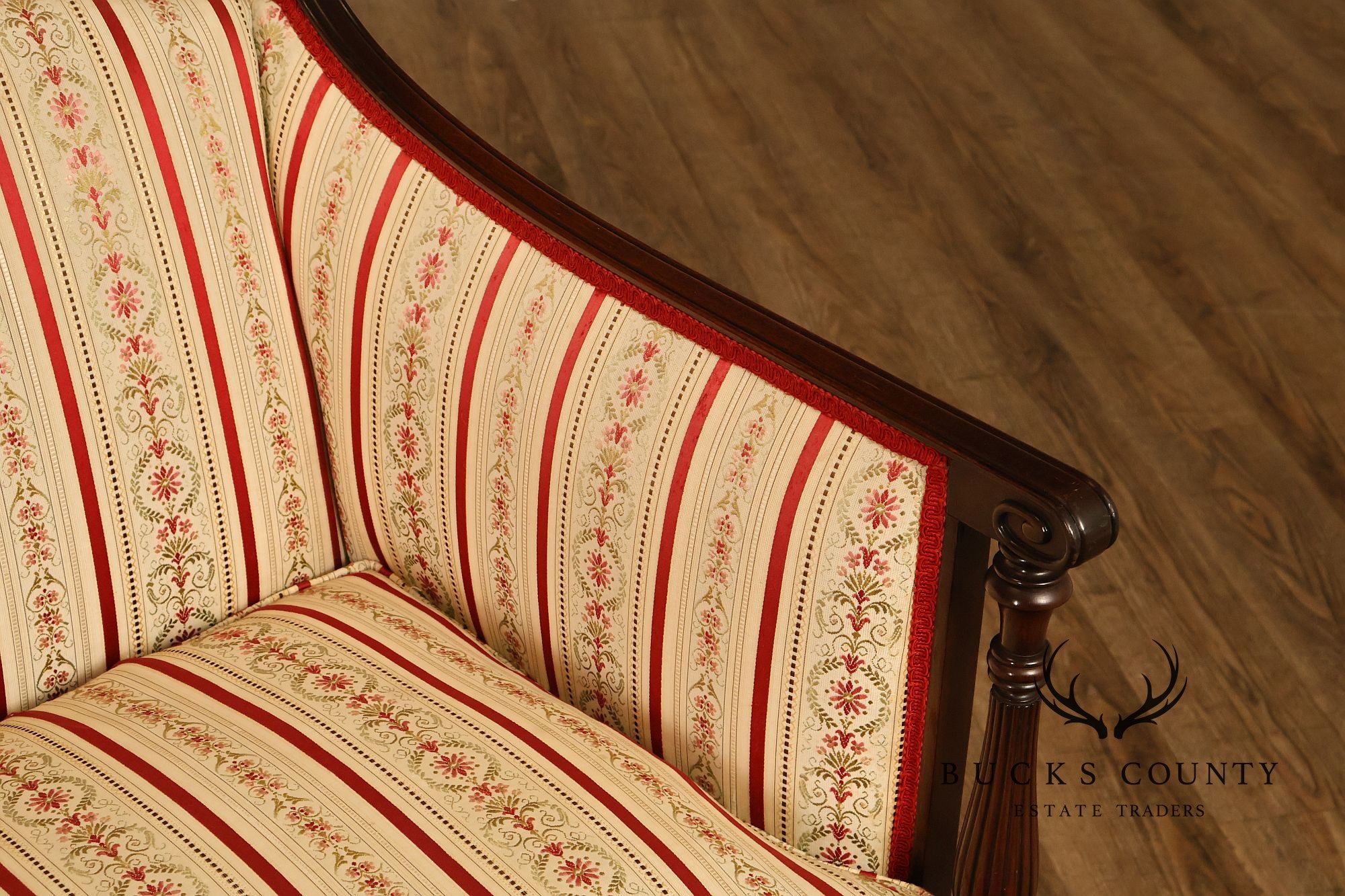 Vintage Sheraton Style Mahogany Inlaid Upholstered Loveseat